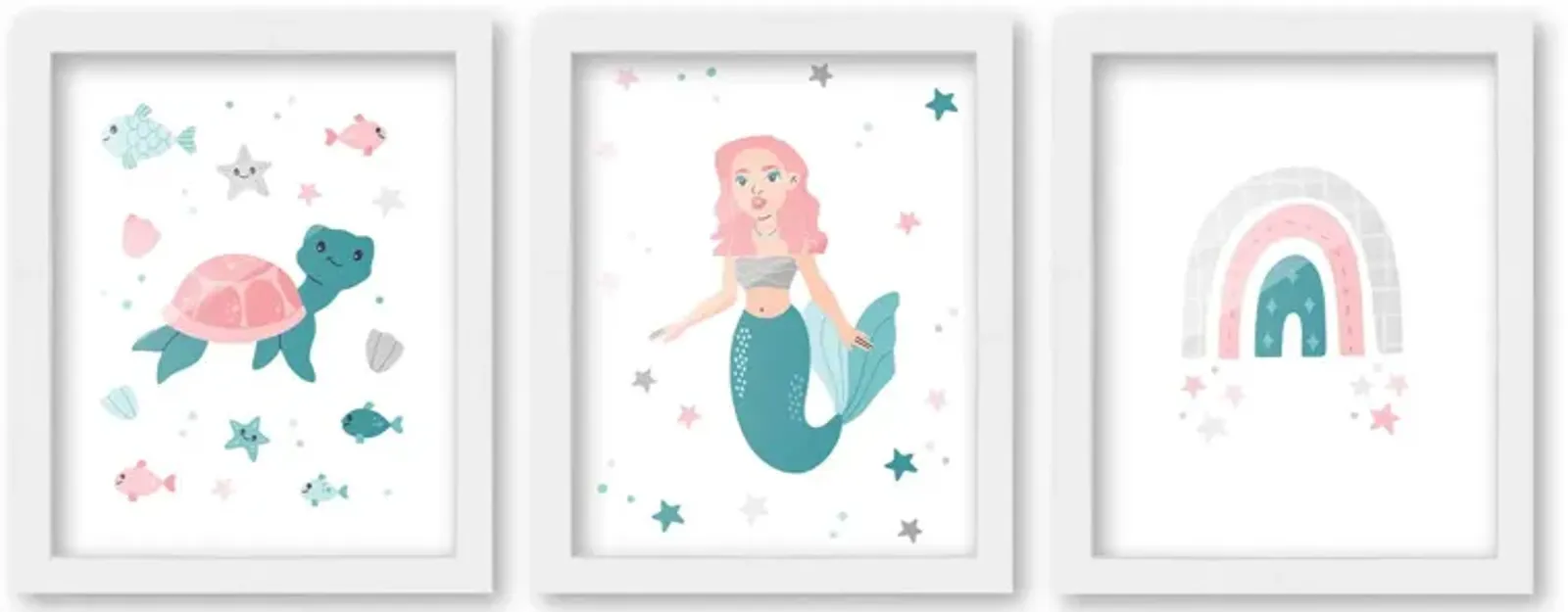 8x10 Framed Nursery Wall Art Set of 3 Hand Drawn Mermaid Prints in White Wood Frames