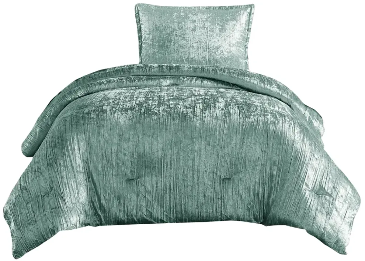 Jay 2 Piece Twin Comforter Set, Polyester Velvet Deluxe Texture, Green - Benzara