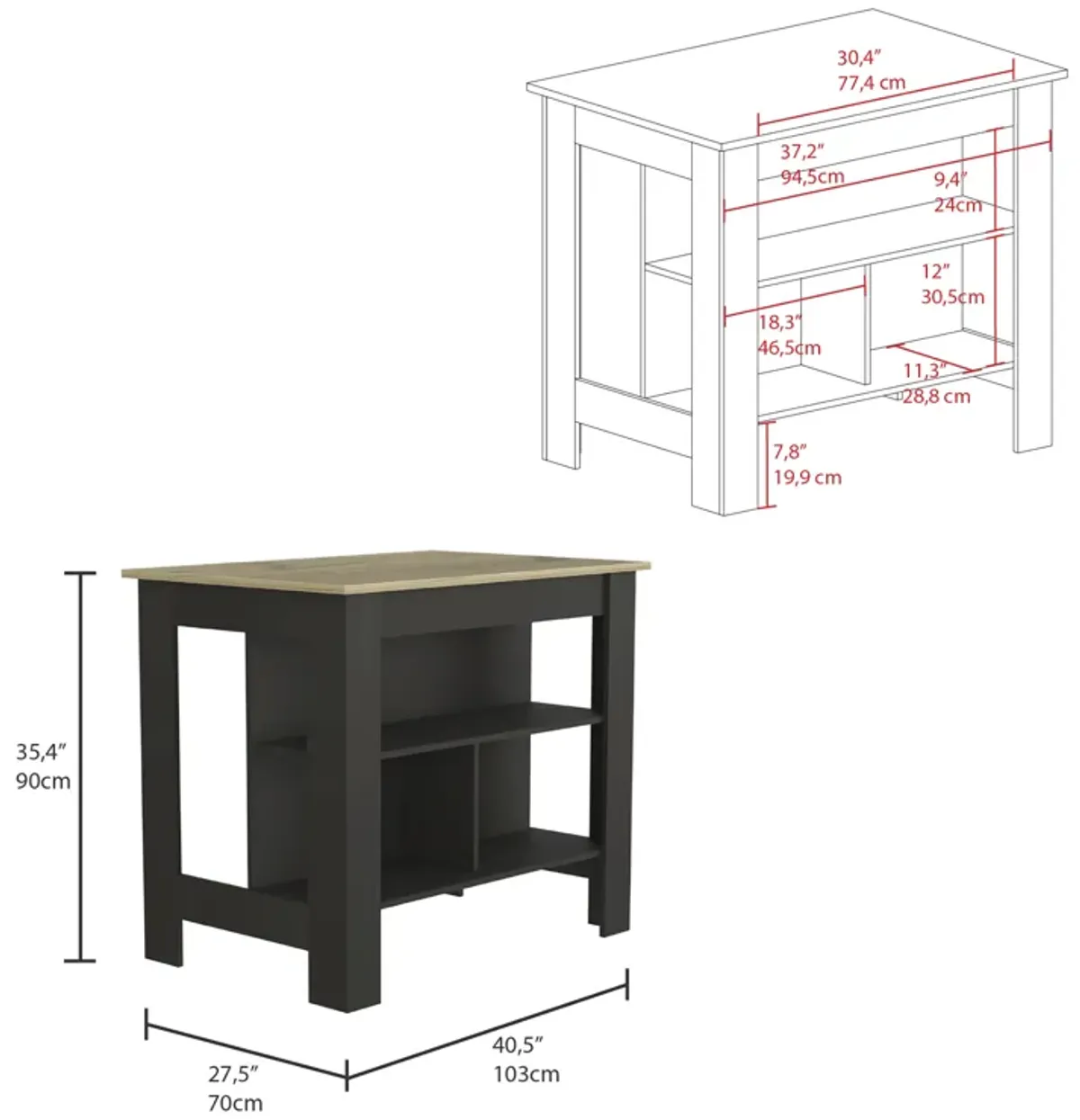 Kitchen Island Dozza, Kitchen, Black / Light Oak