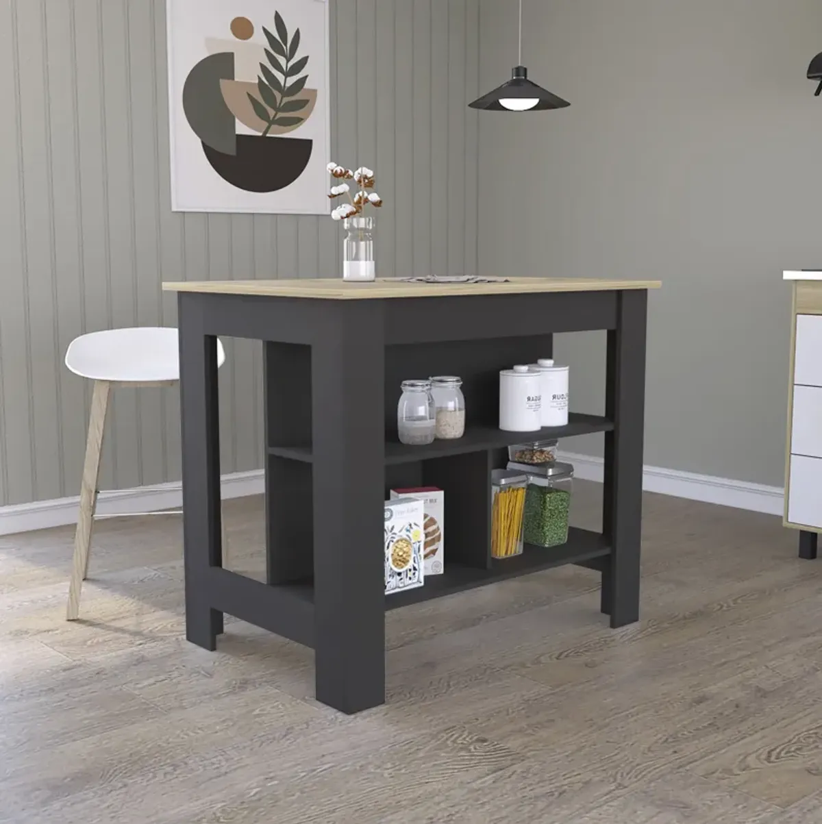 Kitchen Island Dozza, Kitchen, Black / Light Oak