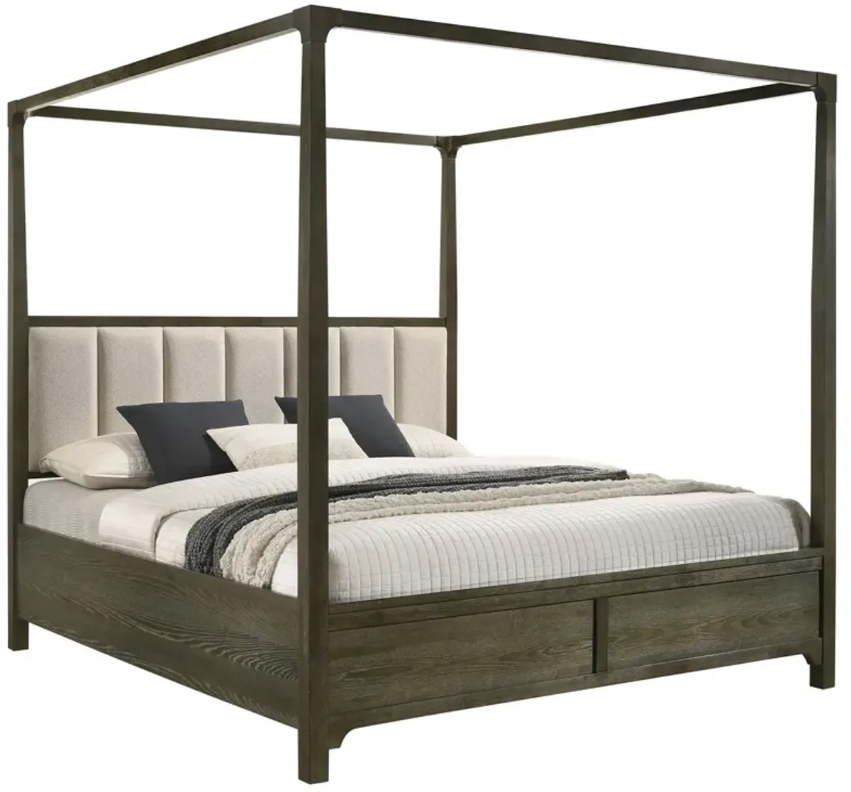 Seon Queen Canopy Bed w 4 Posters, Ivory Upholstery, Dark Cocoa Brown - Benzara
