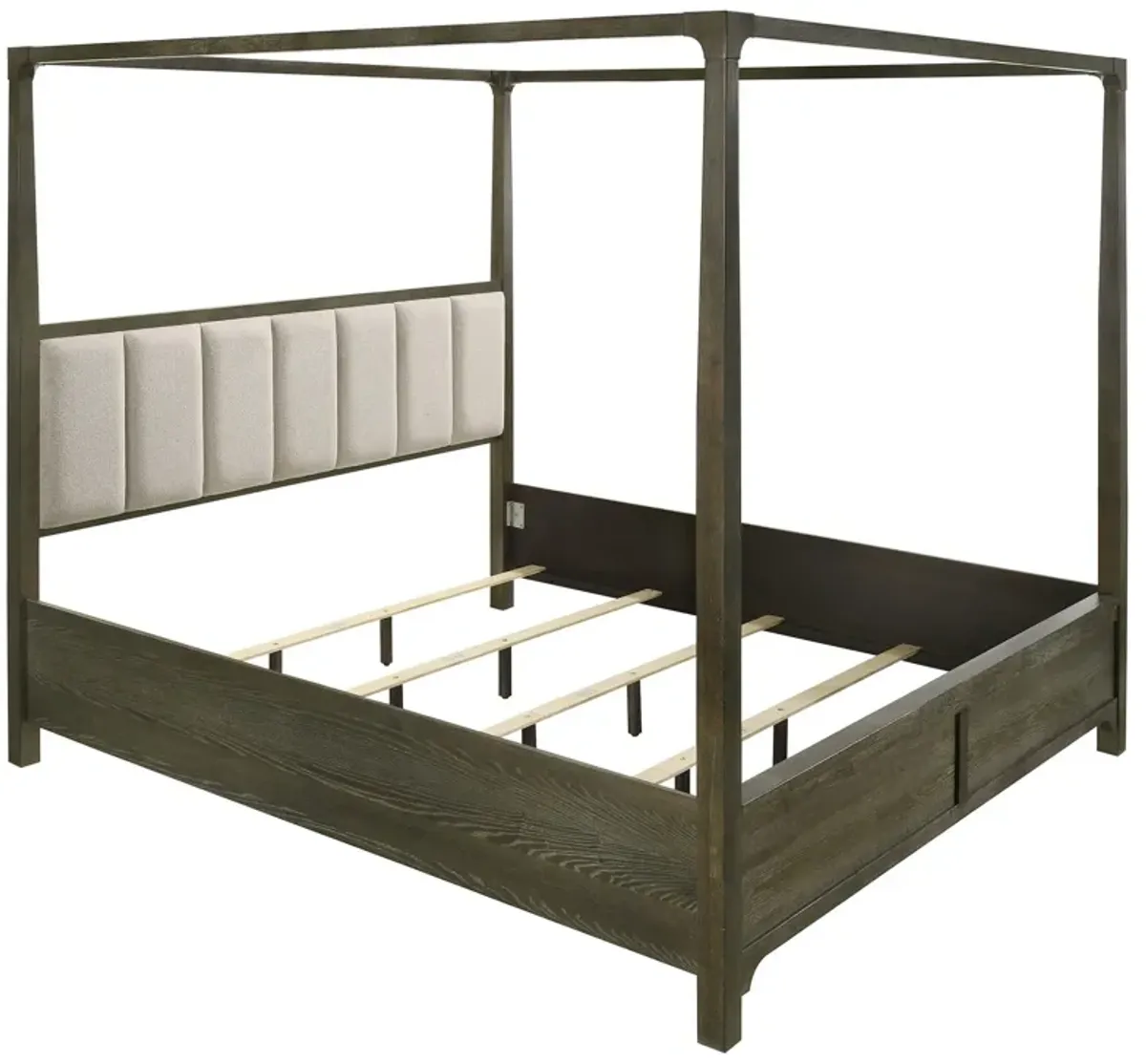 Seon Queen Canopy Bed w 4 Posters, Ivory Upholstery, Dark Cocoa Brown - Benzara