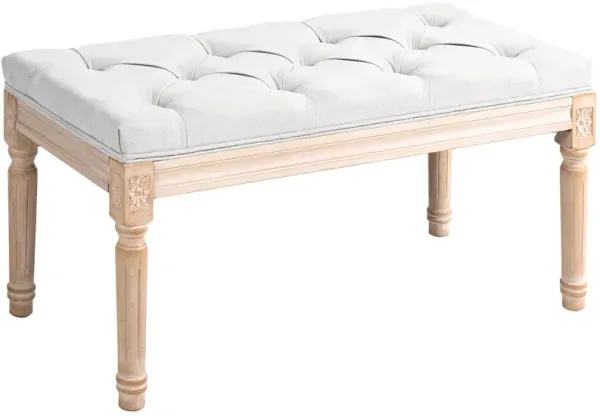 HOMCOM End of Bed Bench, French Vintage Style Linen-Feel Upholstered Bench with Button Tufted, Thick Padding and Wood Legs, 32" Bedroom Bench for Hallway, Living Room, Cream White