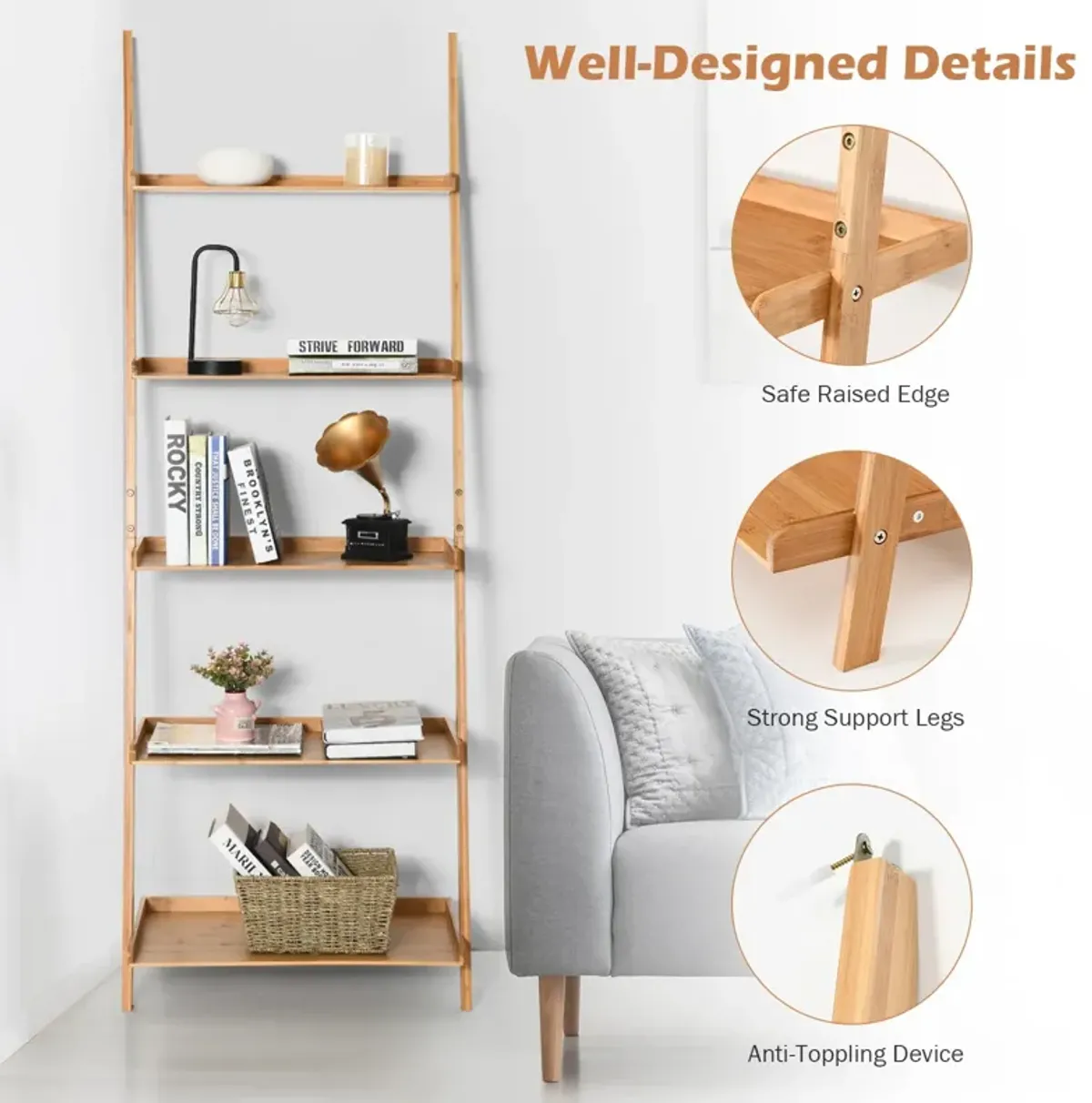 5-Tier Ladder Shelf Bamboo Bookshelf Wall-Leaning Storage Display Plant Stand-Natural