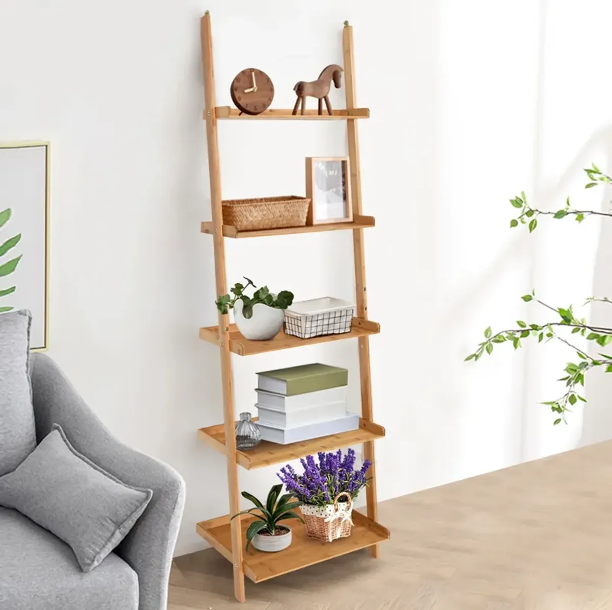 5-Tier Ladder Shelf Bamboo Bookshelf Wall-Leaning Storage Display Plant Stand-Natural