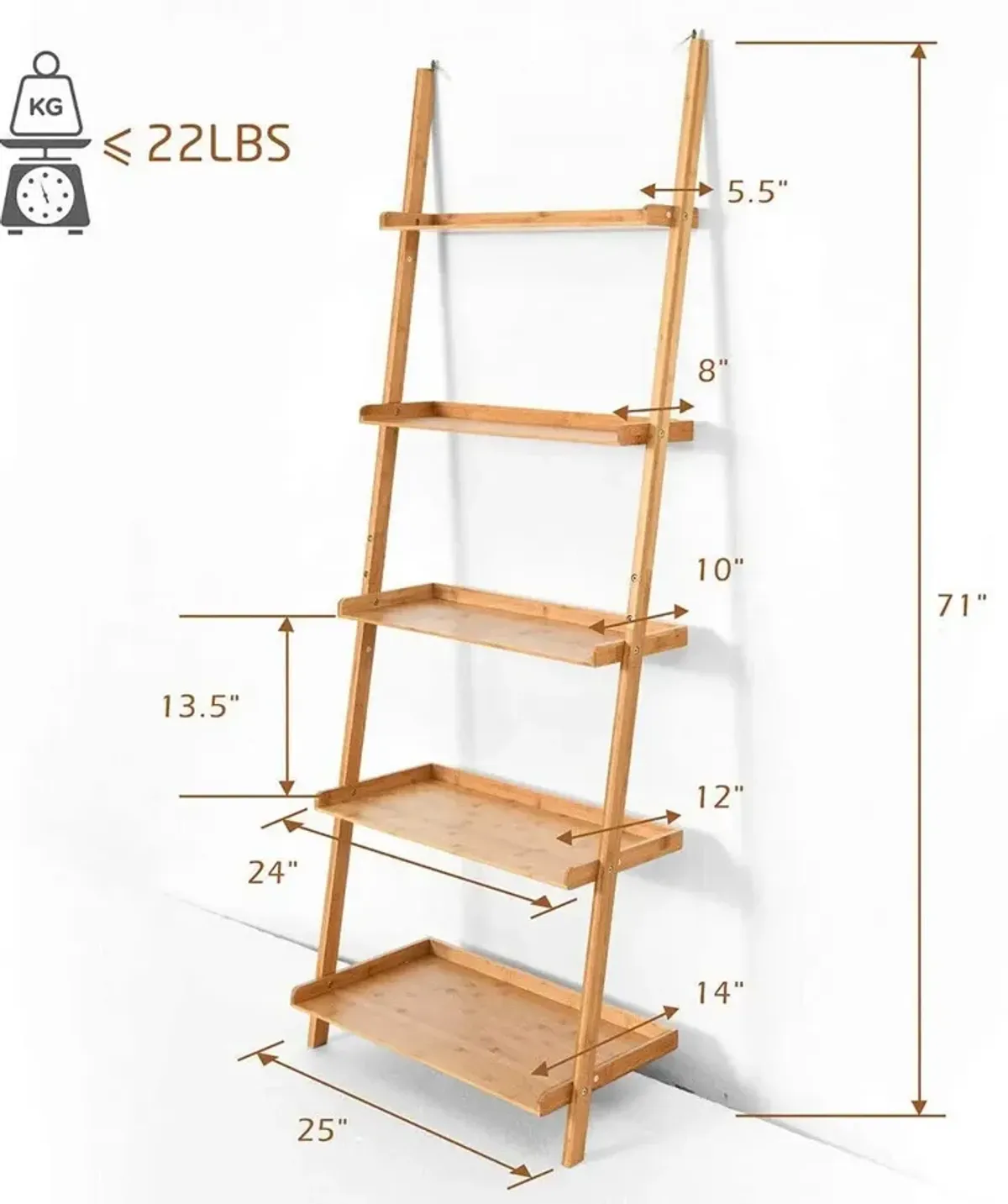 5-Tier Ladder Shelf Bamboo Bookshelf Wall-Leaning Storage Display Plant Stand-Natural