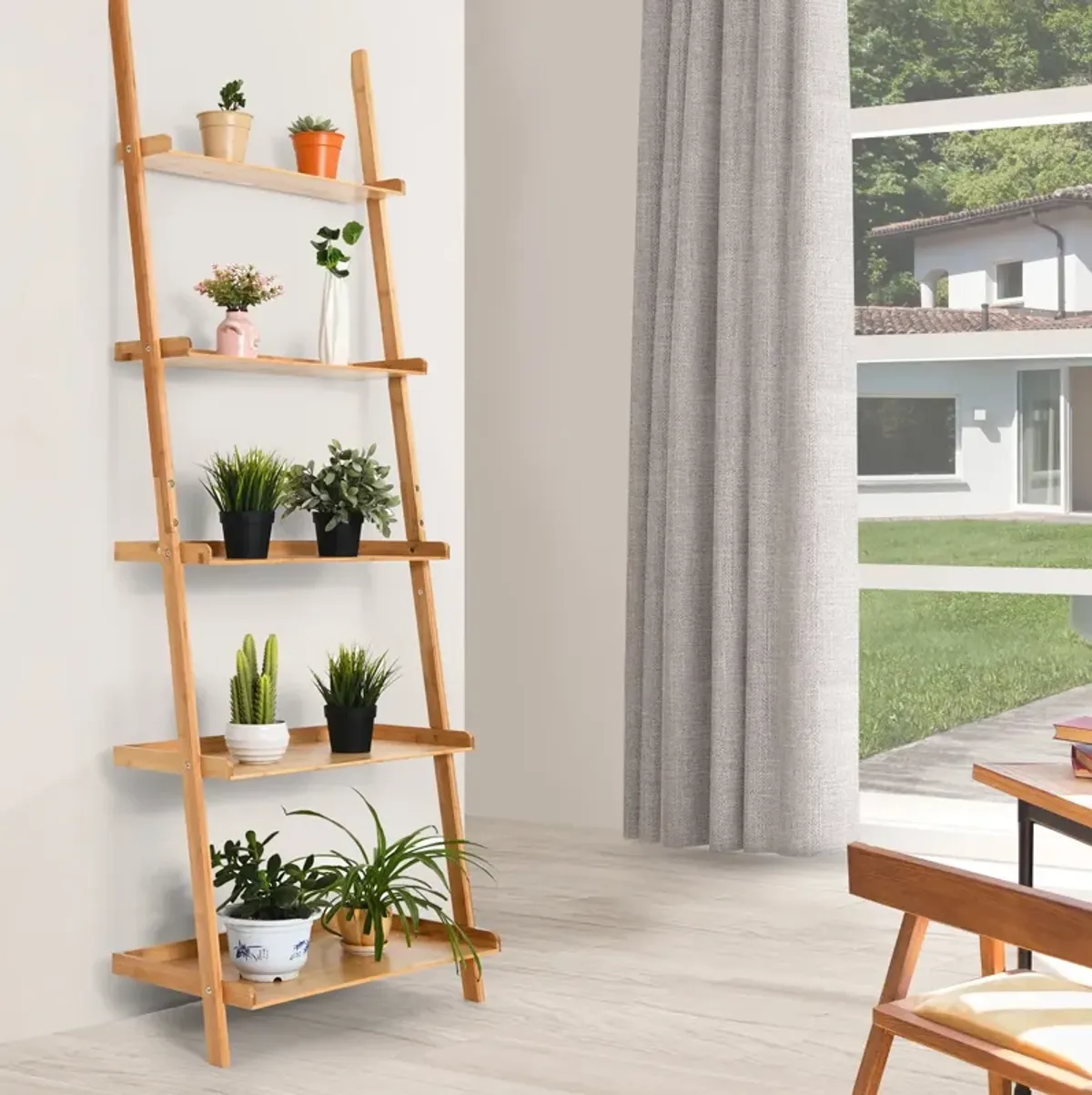 5-Tier Ladder Shelf Bamboo Bookshelf Wall-Leaning Storage Display Plant Stand-Natural