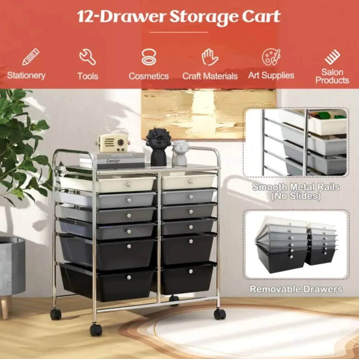 Hivvago 12-Drawer Rolling Storage Cart with Removable Drawers and Lockable Wheels