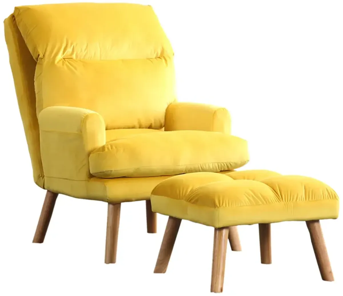 Nina 28 Inch 2 Piece Accent Chair and Ottoman Set, Splayed Legs, Yellow -Benzara