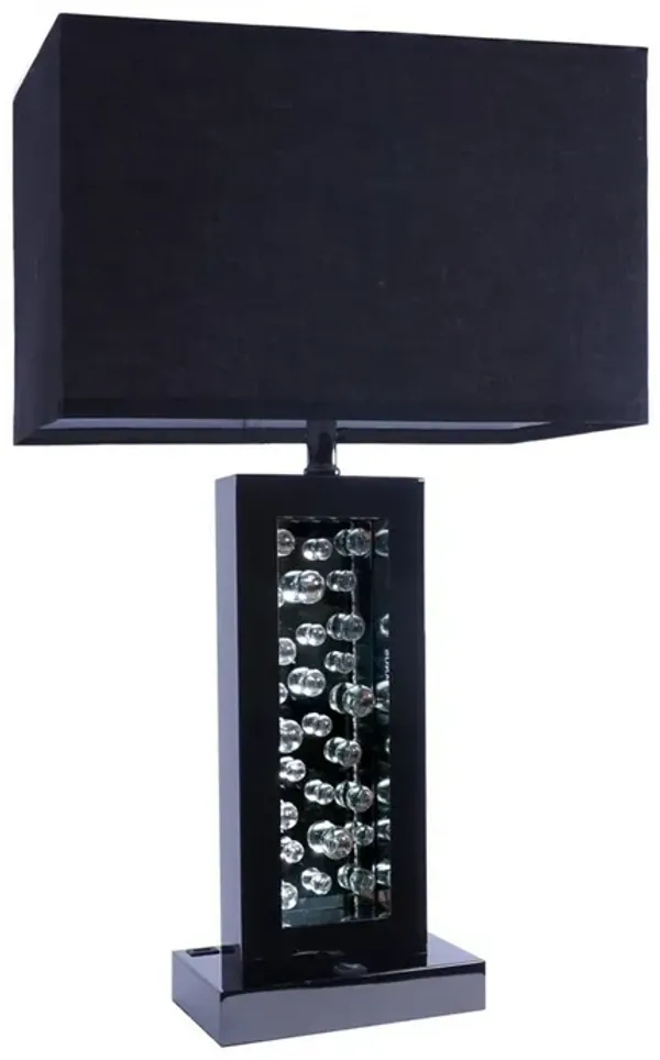 28 Inch Nickel Table Lamp, Black Fabric Shade, Glass Panel and LED Accents - Benzara