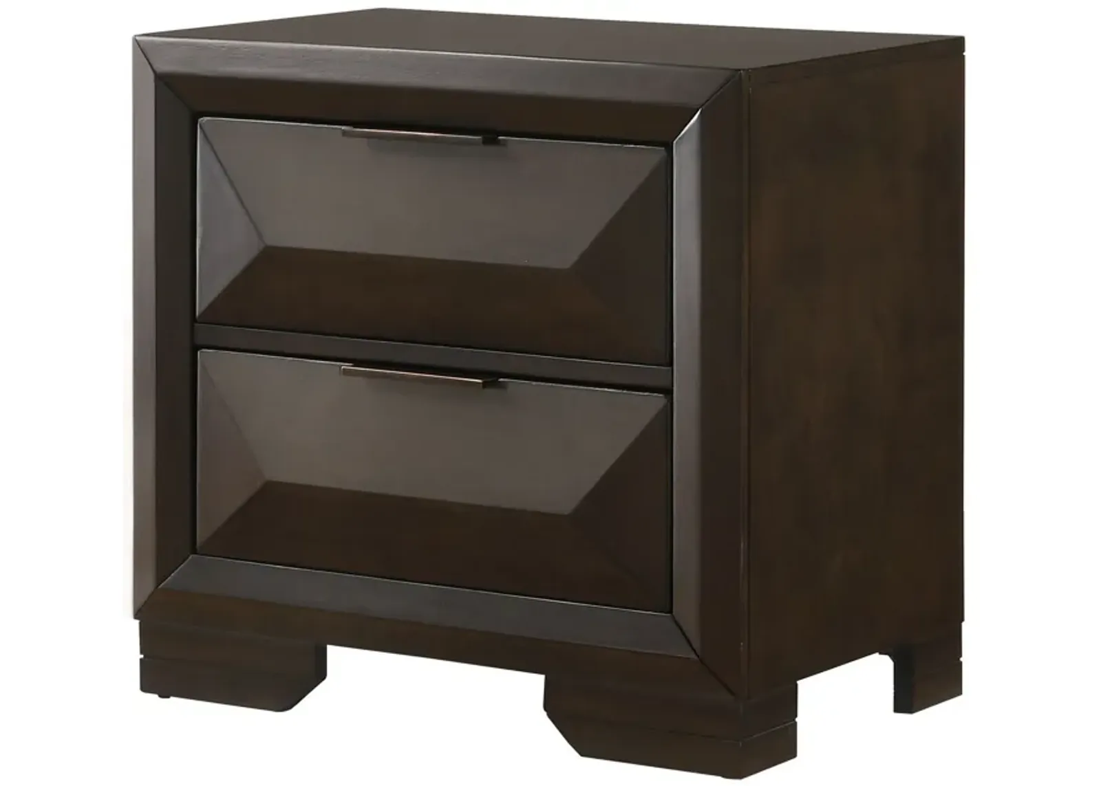 Wooden Nightstand with Dramatic Bevel Drawer Fronts, Espresso Brown-Benzara