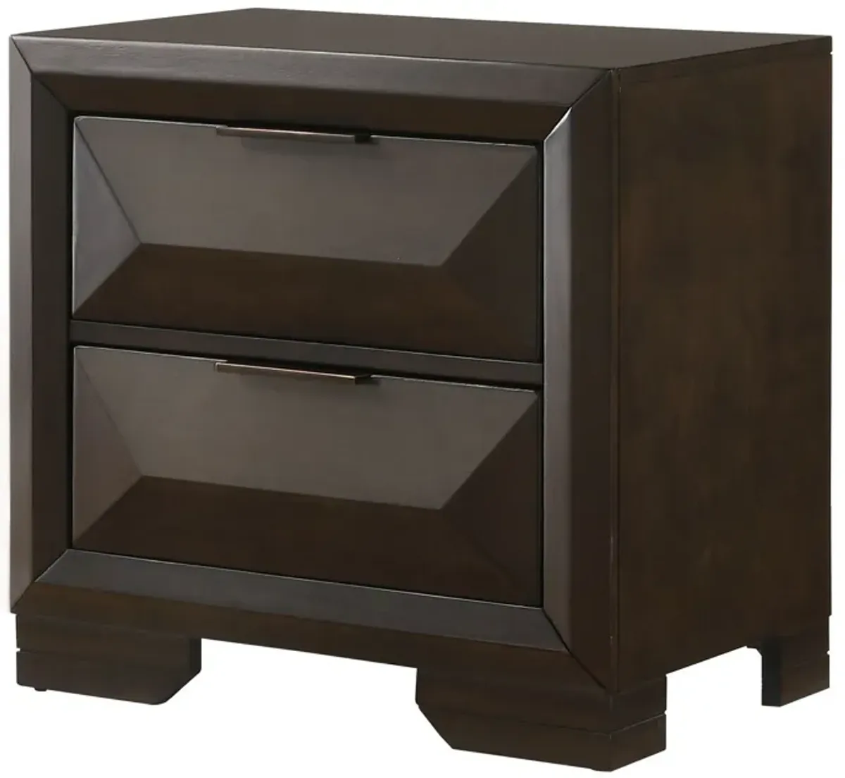 Wooden Nightstand with Dramatic Bevel Drawer Fronts, Espresso Brown-Benzara