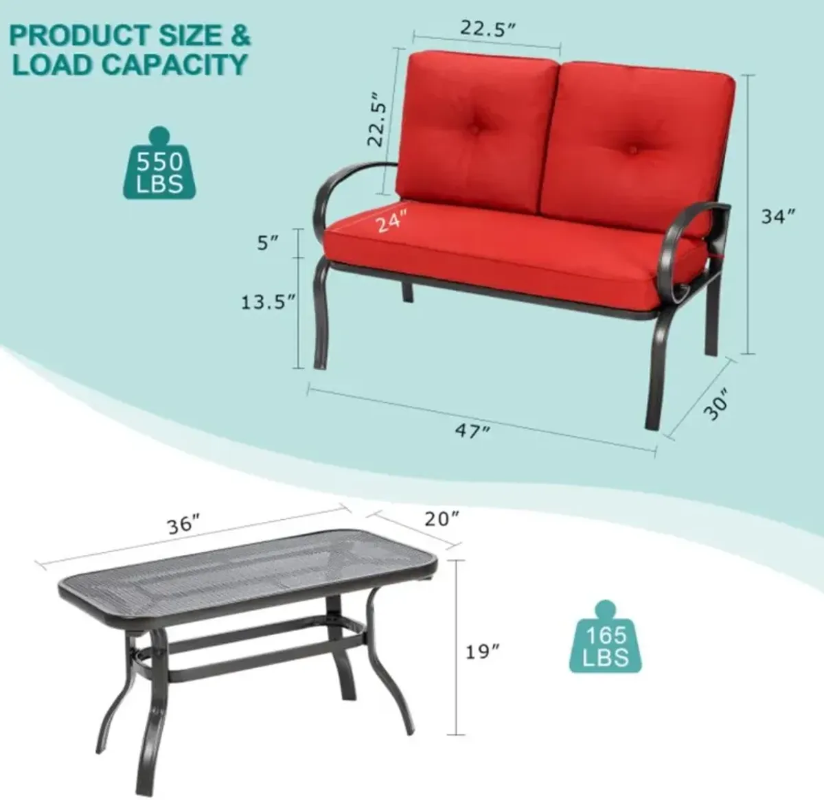 Hivvago 2 Pieces Patio Outdoor Cushioned Coffee Table Seat