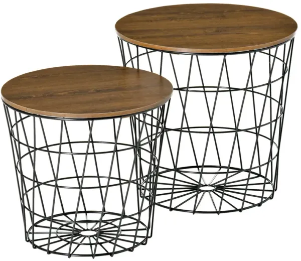 Black/Brown Nesting Tables: Set of 2 Round Side Tables with Storage