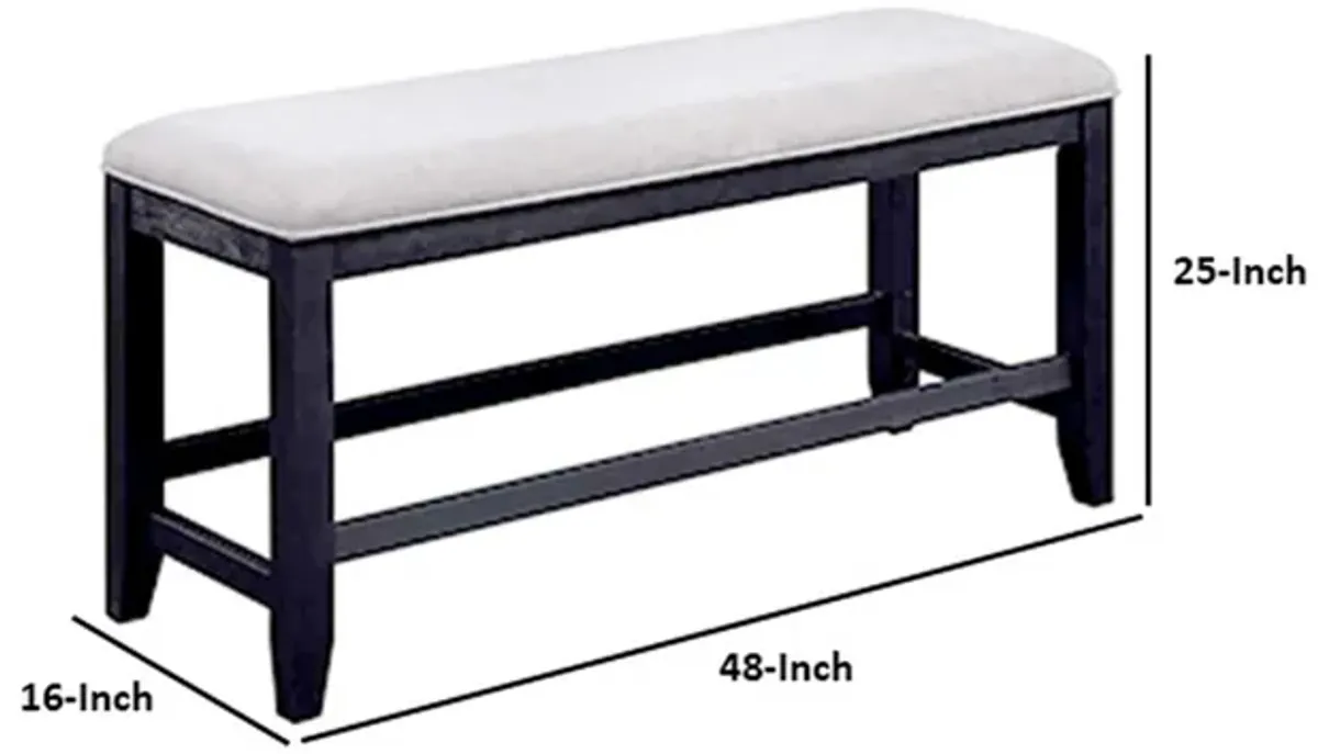 Edward 48 Inch Counter Height Dining Bench, White Fabric and Black Wood - Benzara