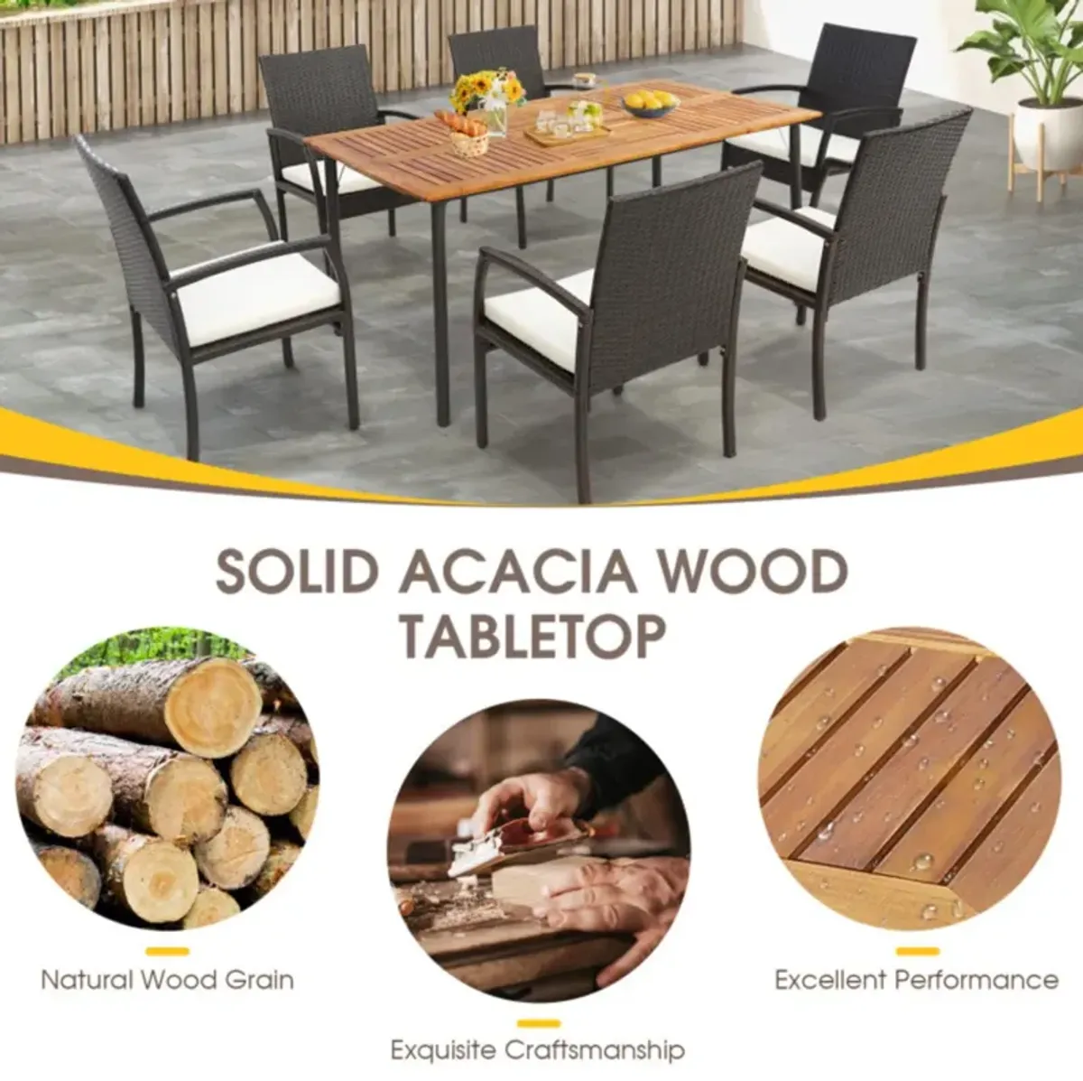 Hivvago Patio Acacia Wood Dining Table with Umbrella Hole and Metal Legs