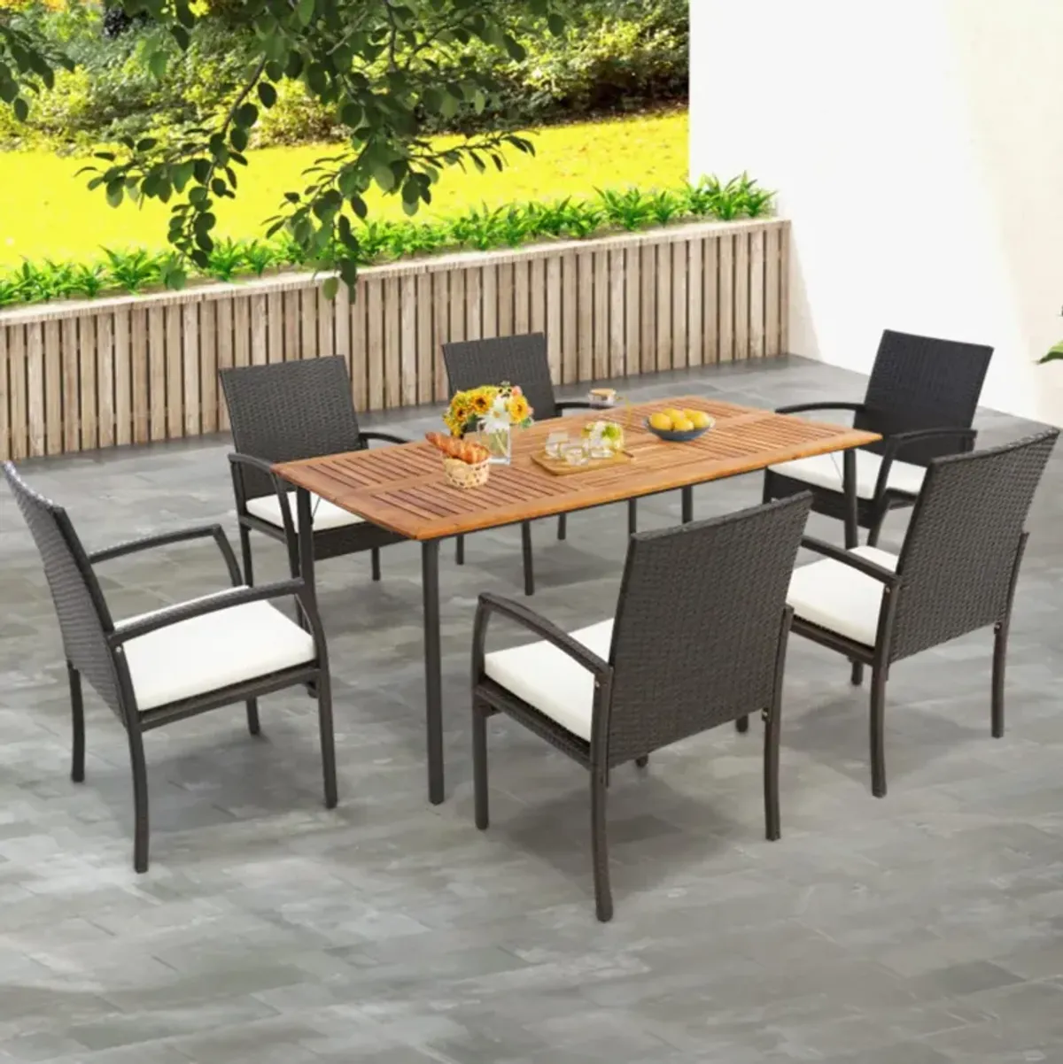 Hivvago Patio Acacia Wood Dining Table with Umbrella Hole and Metal Legs