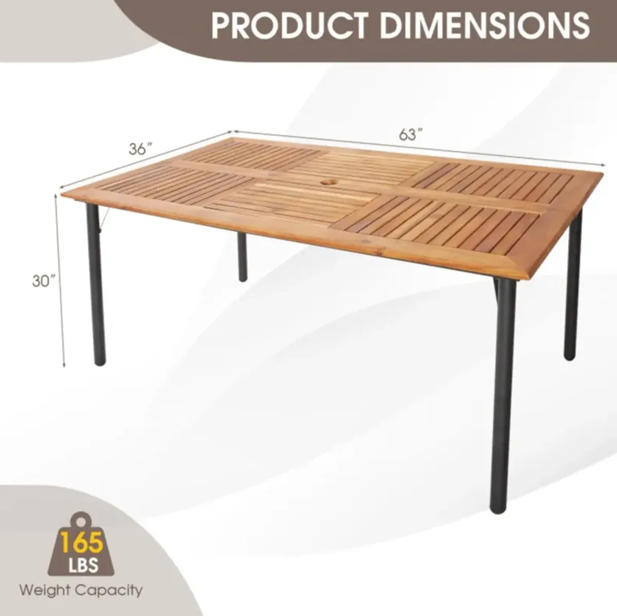 Hivvago Patio Acacia Wood Dining Table with Umbrella Hole and Metal Legs