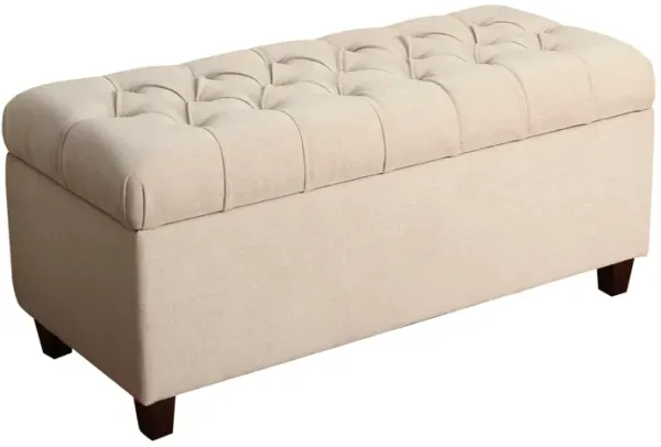 Fabric Upholstered Button Tufted Wooden Bench With Hinged Storage, Cream and Brown - Benzara