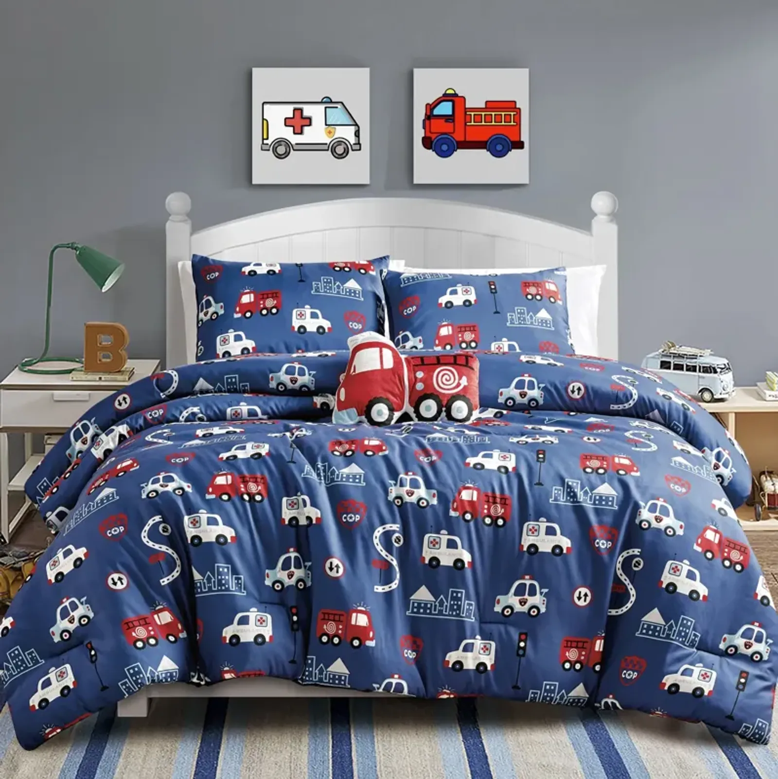 MarCielo Kids Girls Boys Comforter Set Fire Truck.