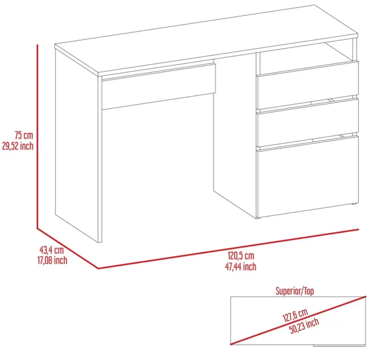 Dublin Three Drawer Computer Desk, One Shelf