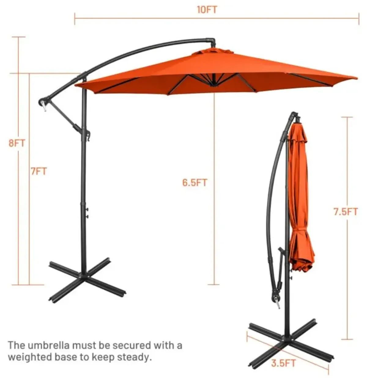 Hivvago 10 Feet Offset Umbrella with 8 Ribs Cantilever and Cross Base