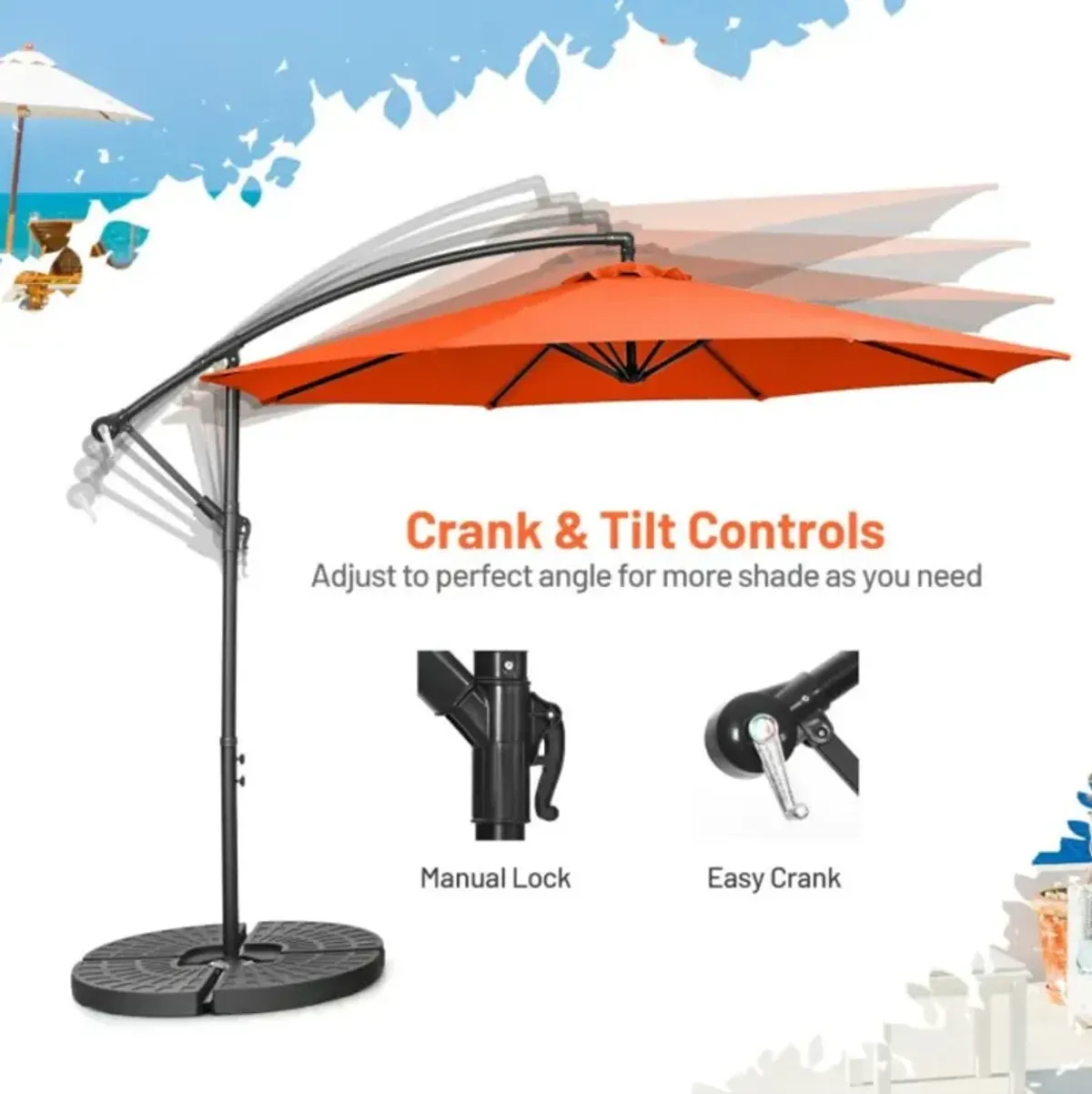 Hivvago 10 Feet Offset Umbrella with 8 Ribs Cantilever and Cross Base