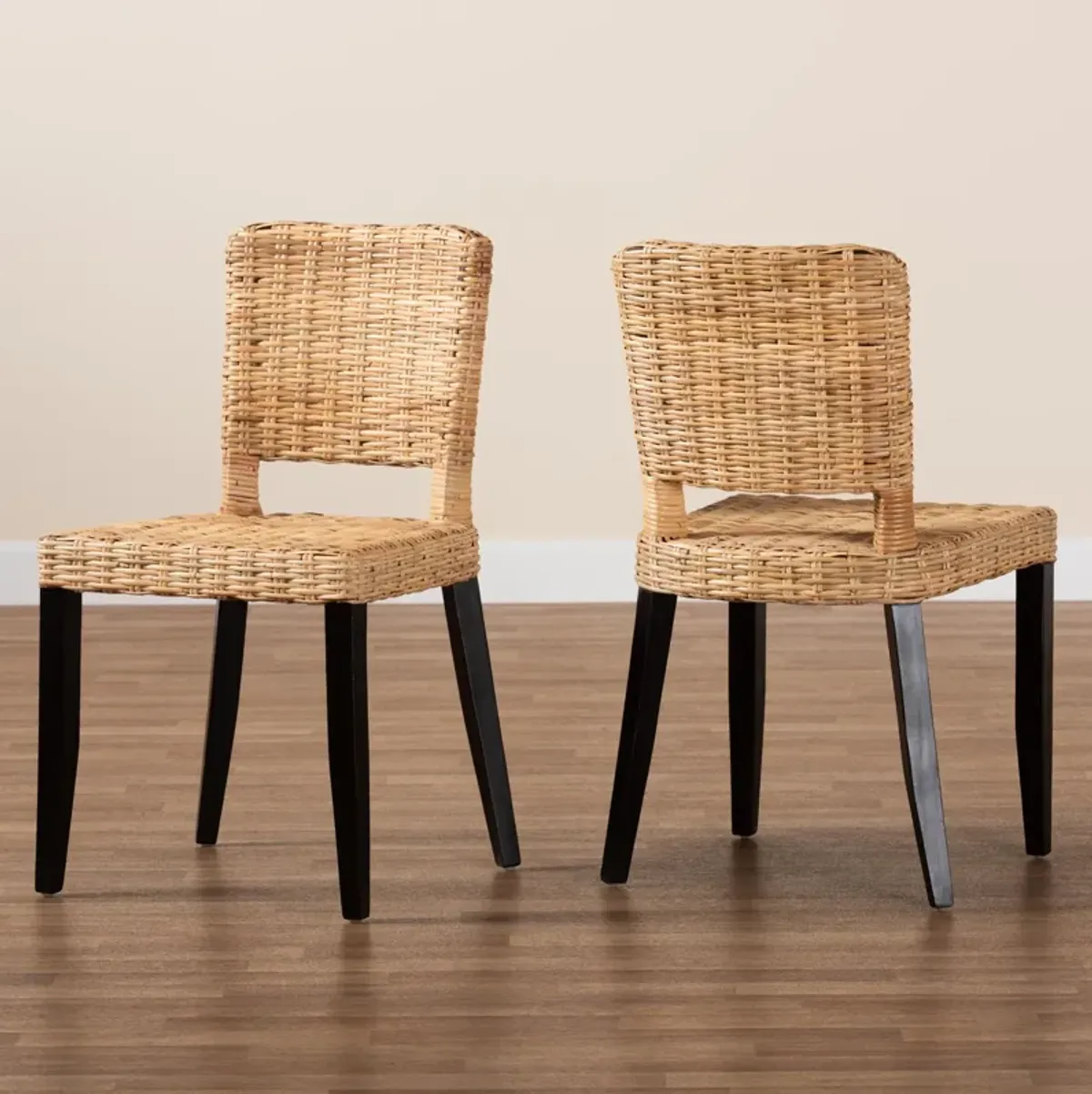 Baxton Studio Dermot  Dark Brown Finished Wood and Natural Rattan 2 Piece Dining Chair Set