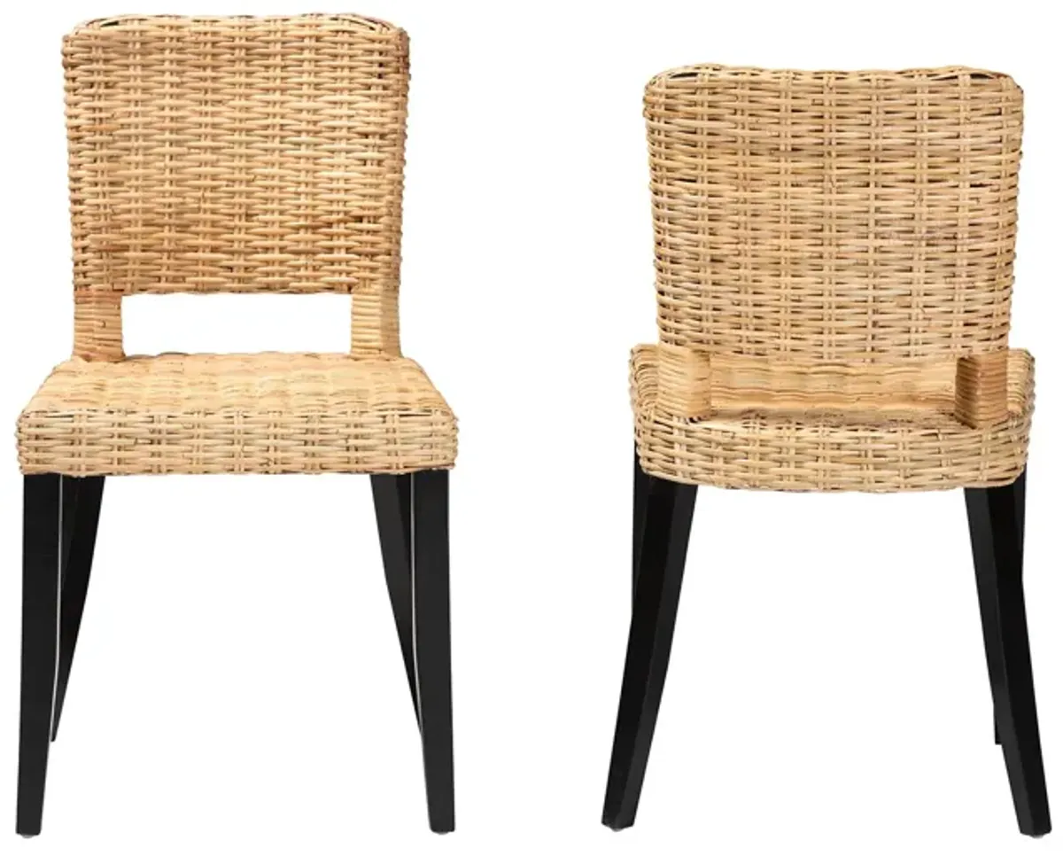 Baxton Studio Dermot  Dark Brown Finished Wood and Natural Rattan 2 Piece Dining Chair Set