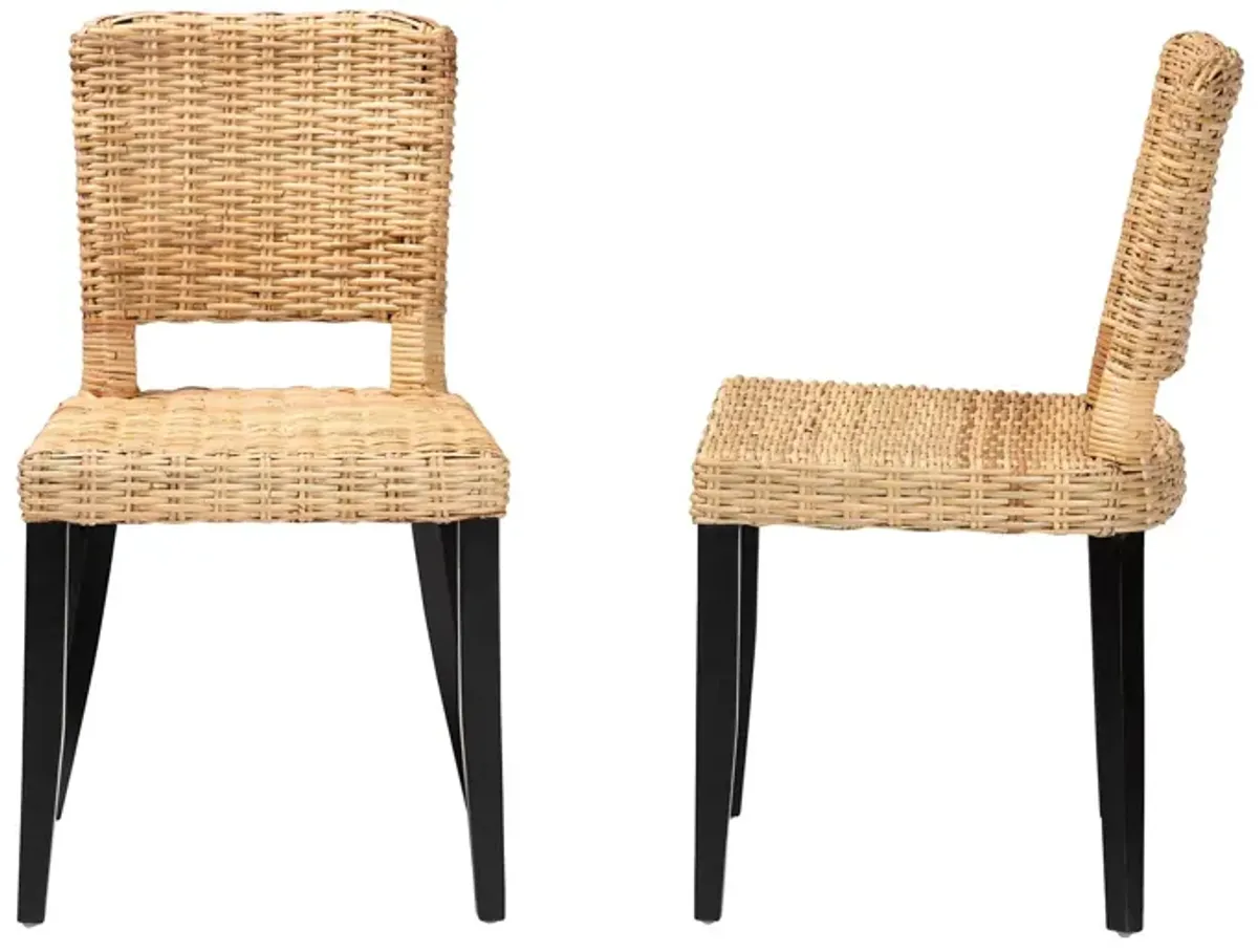 Baxton Studio Dermot  Dark Brown Finished Wood and Natural Rattan 2 Piece Dining Chair Set