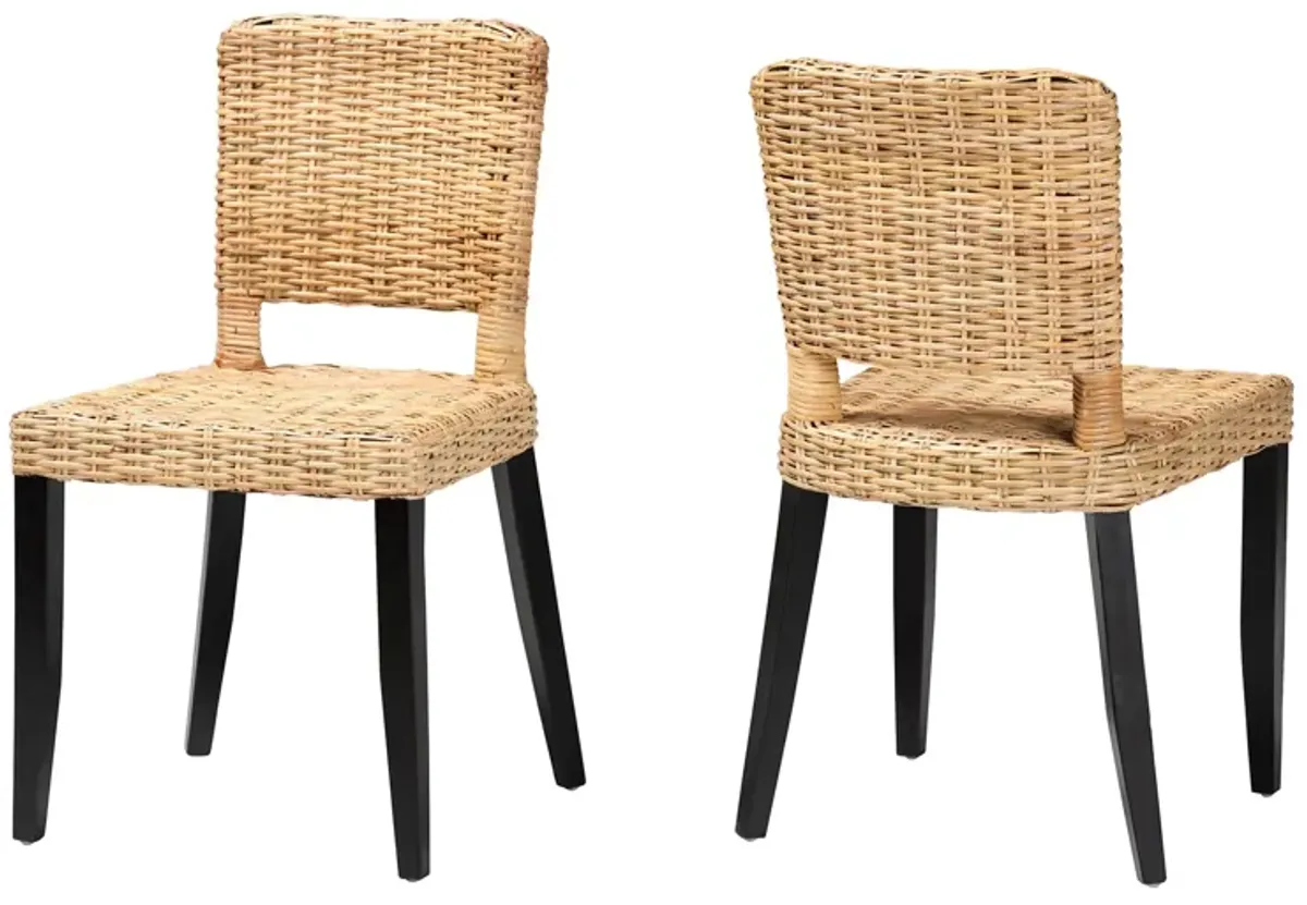 Baxton Studio Dermot  Dark Brown Finished Wood and Natural Rattan 2 Piece Dining Chair Set