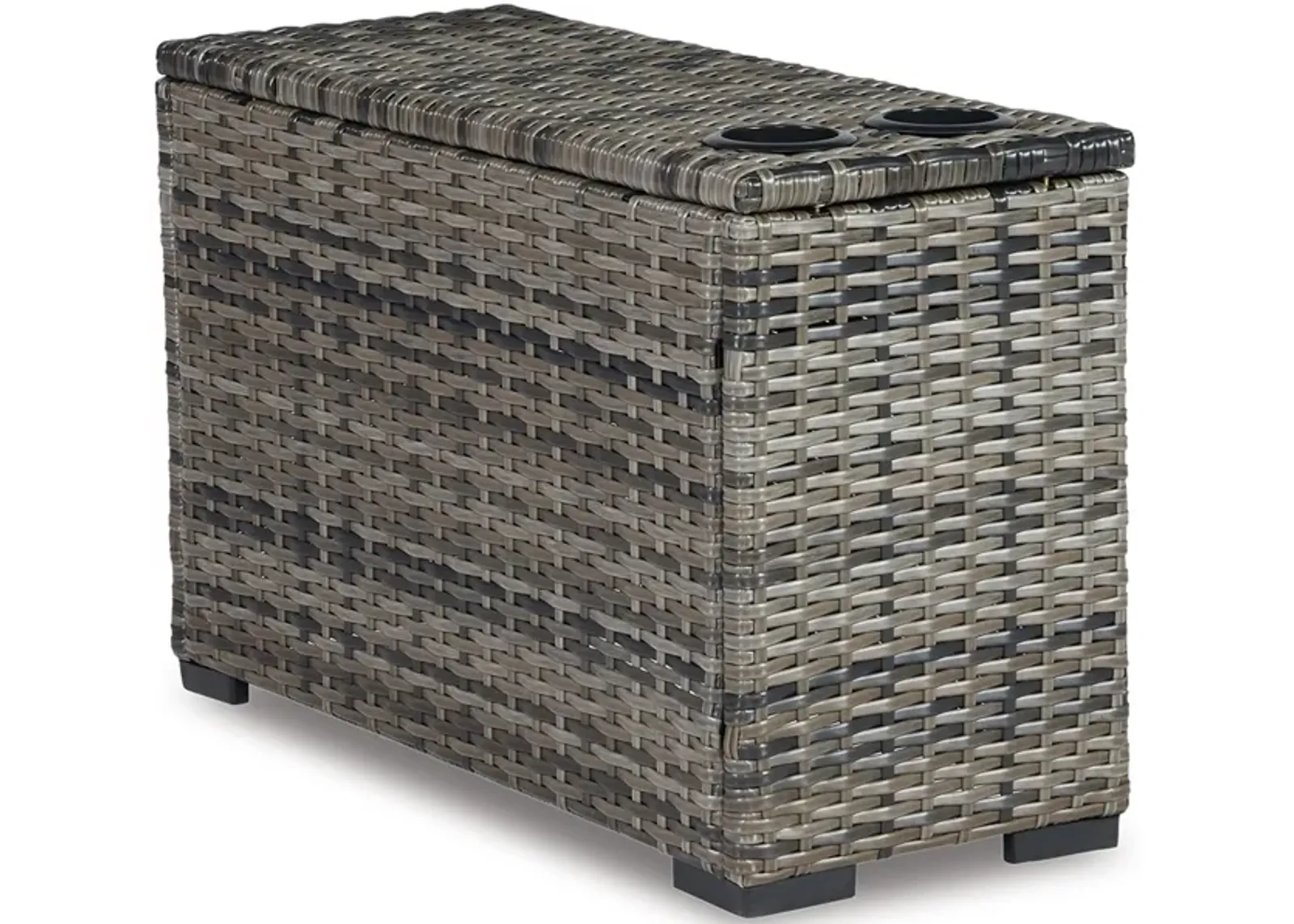 Mita 34 Inch Outdoor Console Side Table, 2 Cupholders, Resin Wicker, Gray - Benzara