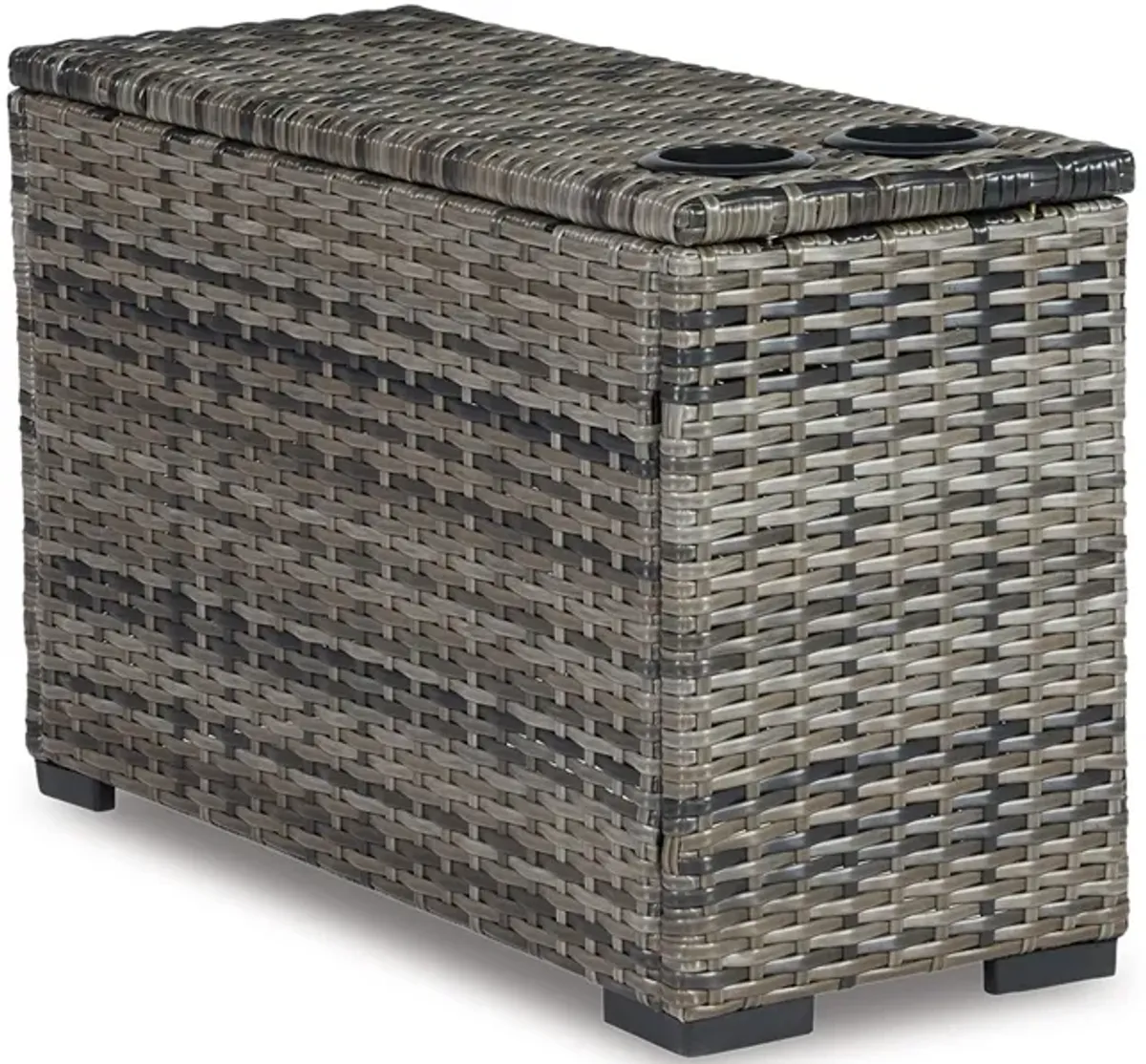 Mita 34 Inch Outdoor Console Side Table, 2 Cupholders, Resin Wicker, Gray - Benzara