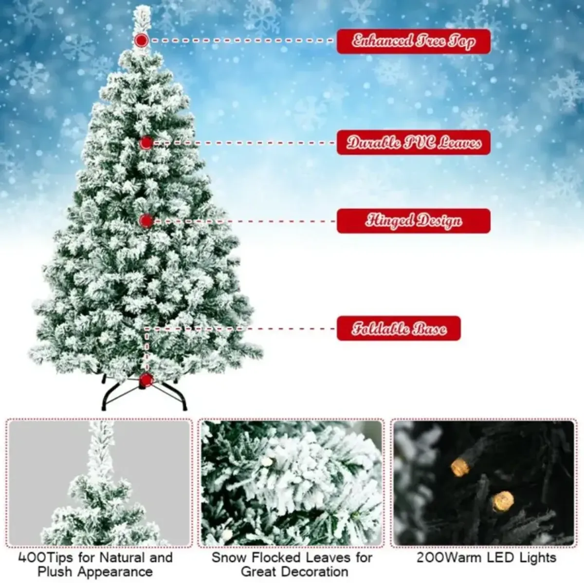 Hivvago 4.5 Feet Pre-Lit Premium Snow Flocked Hinged Artificial Christmas Tree