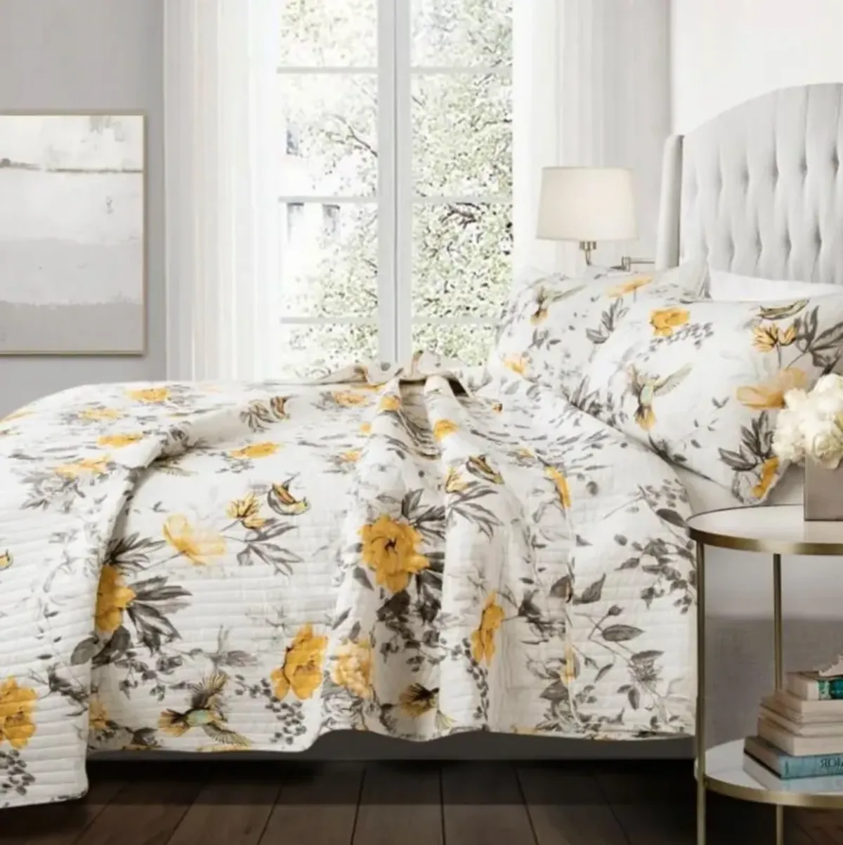 QuikFurn Full/Queen 3 Piece White Yellow Grey Reversible Floral Birds Cotton Quilt Set