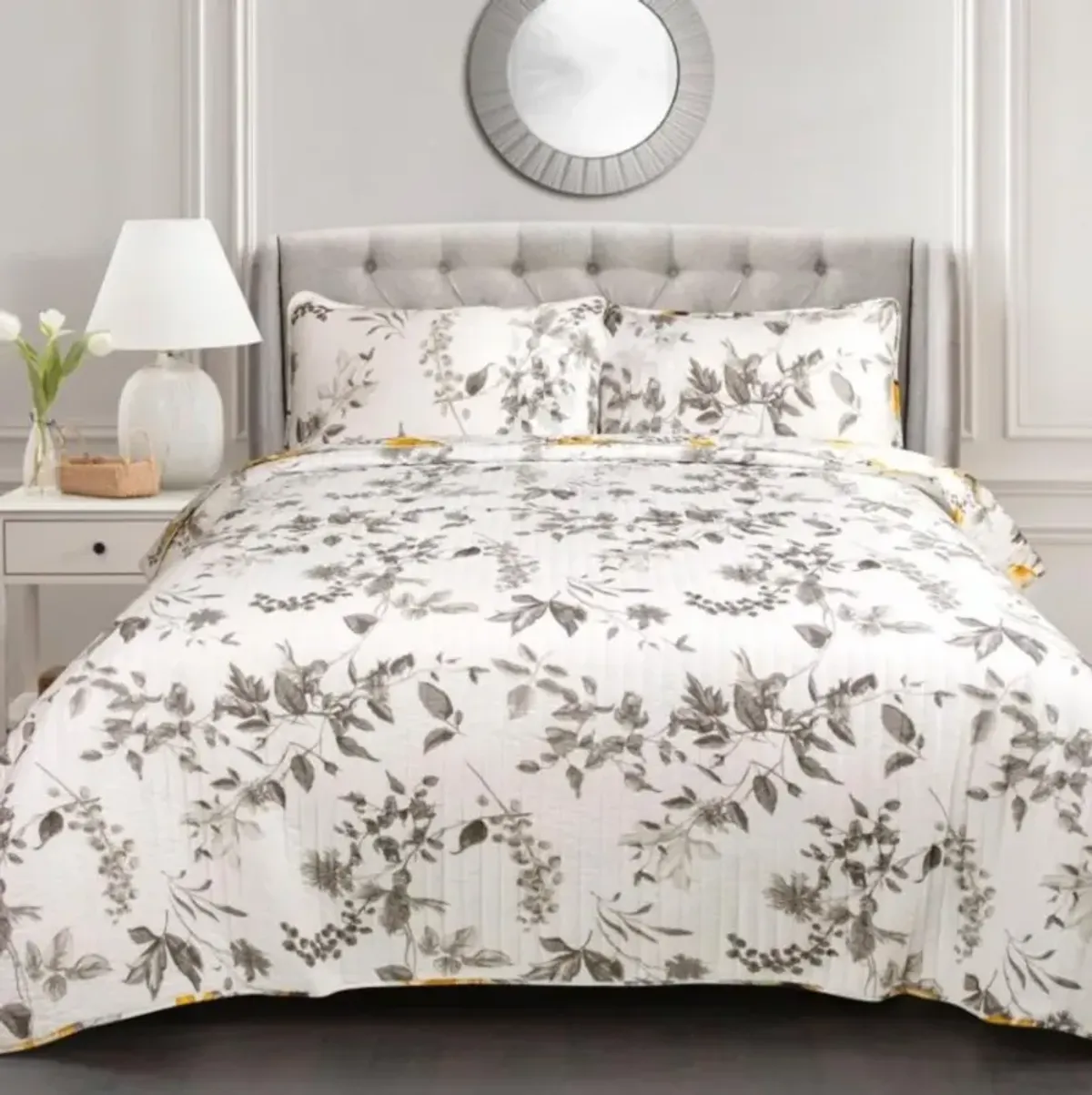 QuikFurn Full/Queen 3 Piece White Yellow Grey Reversible Floral Birds Cotton Quilt Set