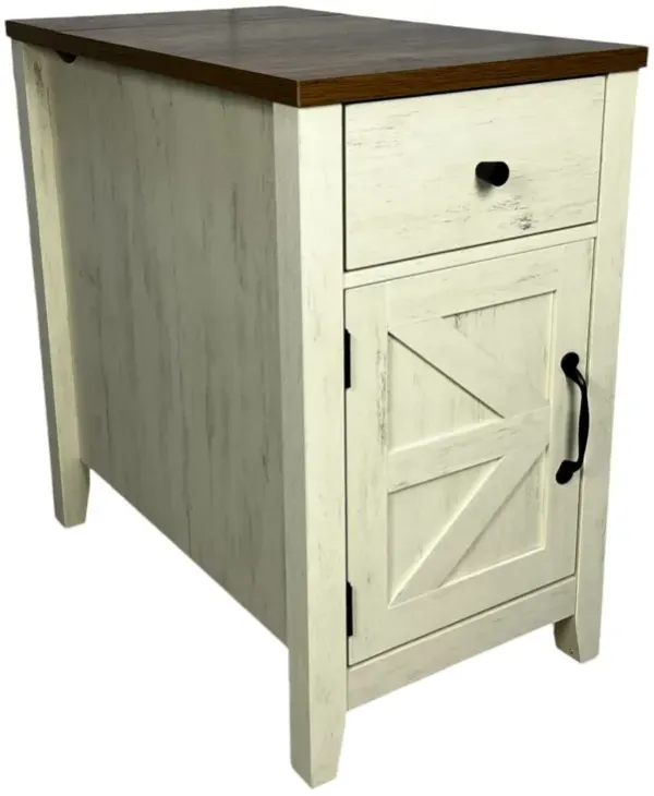 Streamdale Farmhouse End Table with Barn Door & Drawer, Charging Station