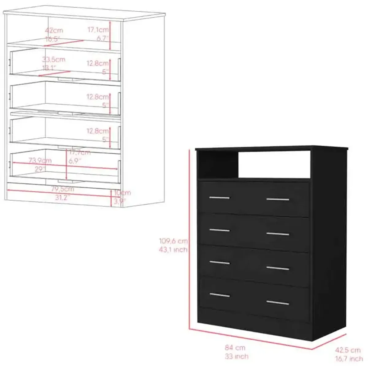 Four Drawer Dresser Wuju, Bedroom, Black