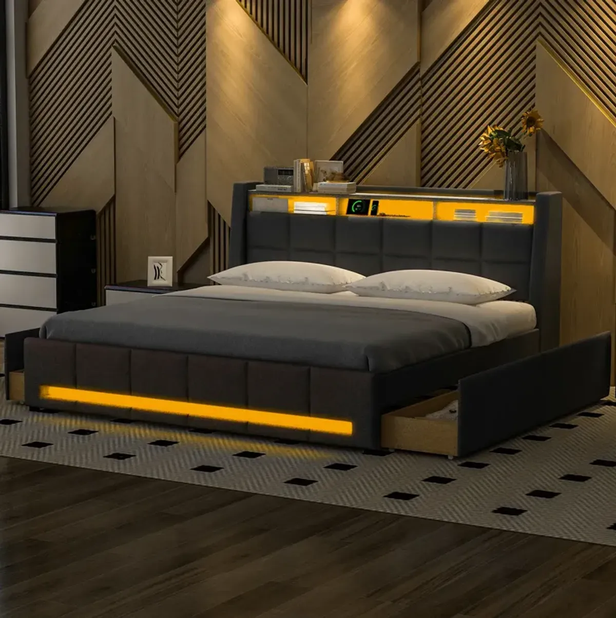 Merax Upholstered Platform Bed with LED and USB Charging