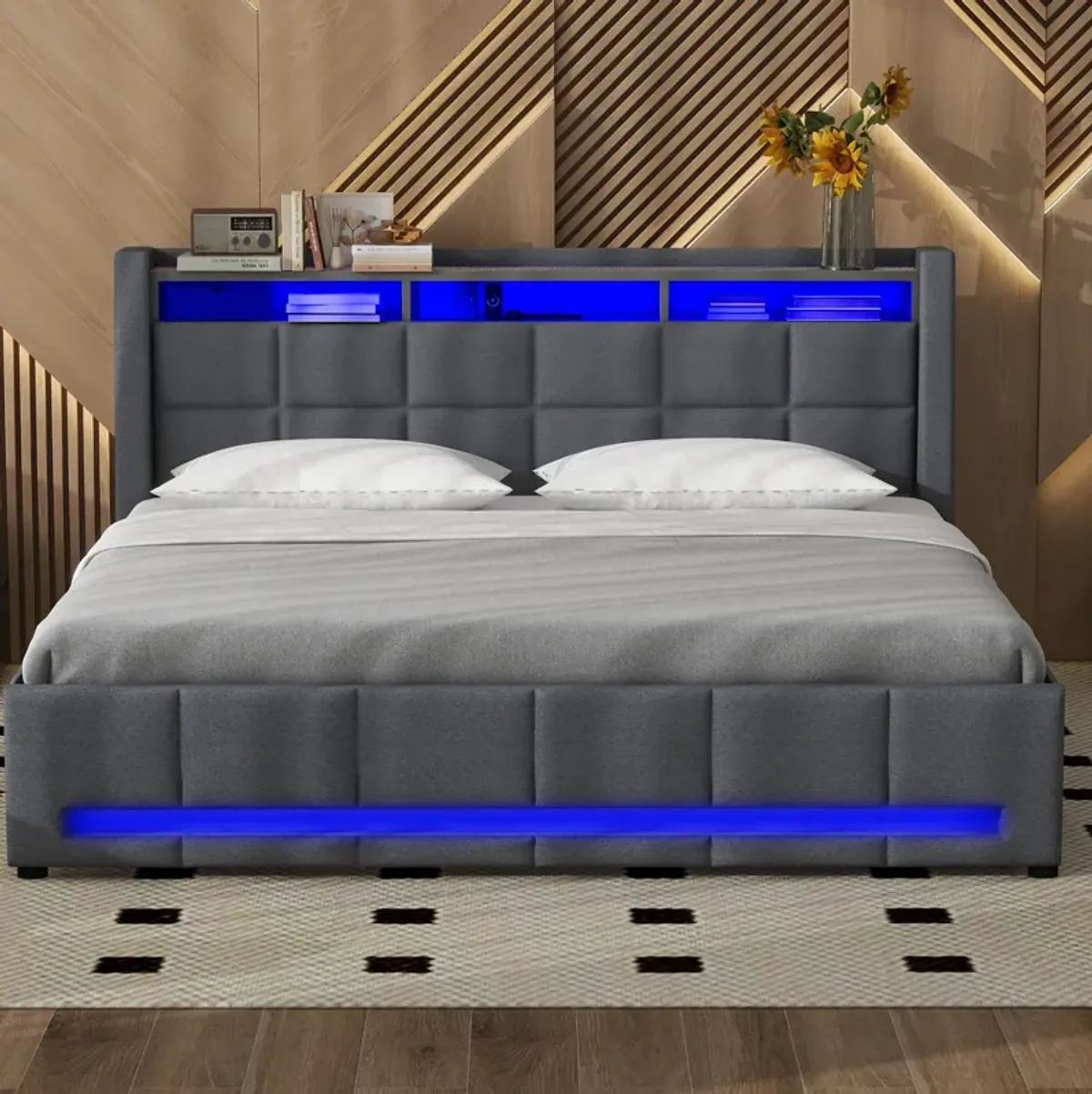 Merax Upholstered Platform Bed with LED and USB Charging