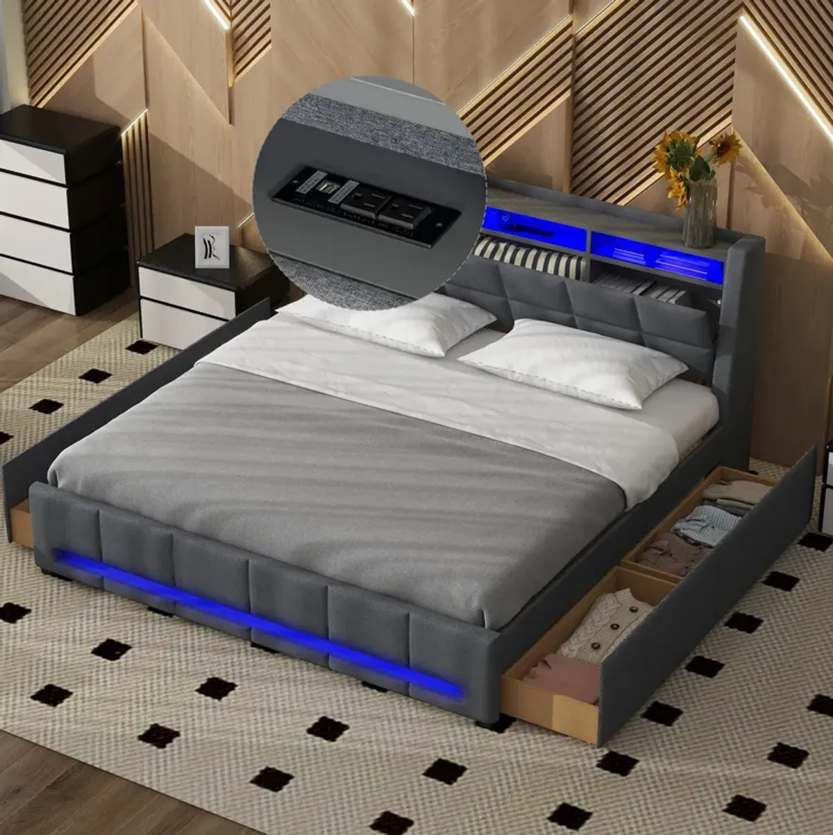 Merax Upholstered Platform Bed with LED and USB Charging