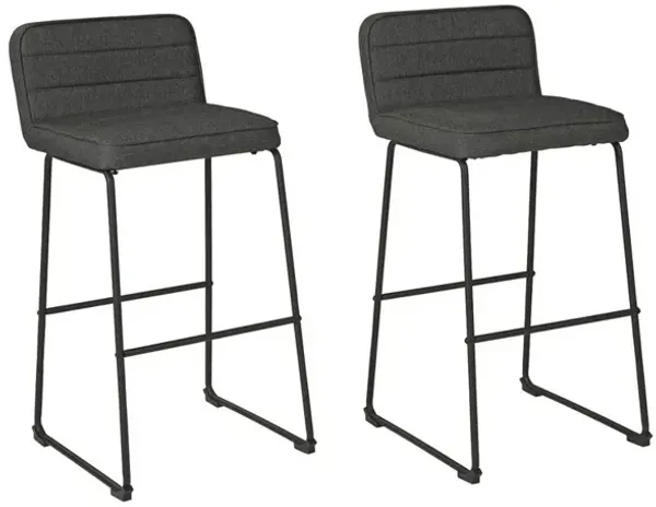 40 Inch Channel Stitched Low Fabric Barstool with Sled Base, Set of 2, Gray - Benzara