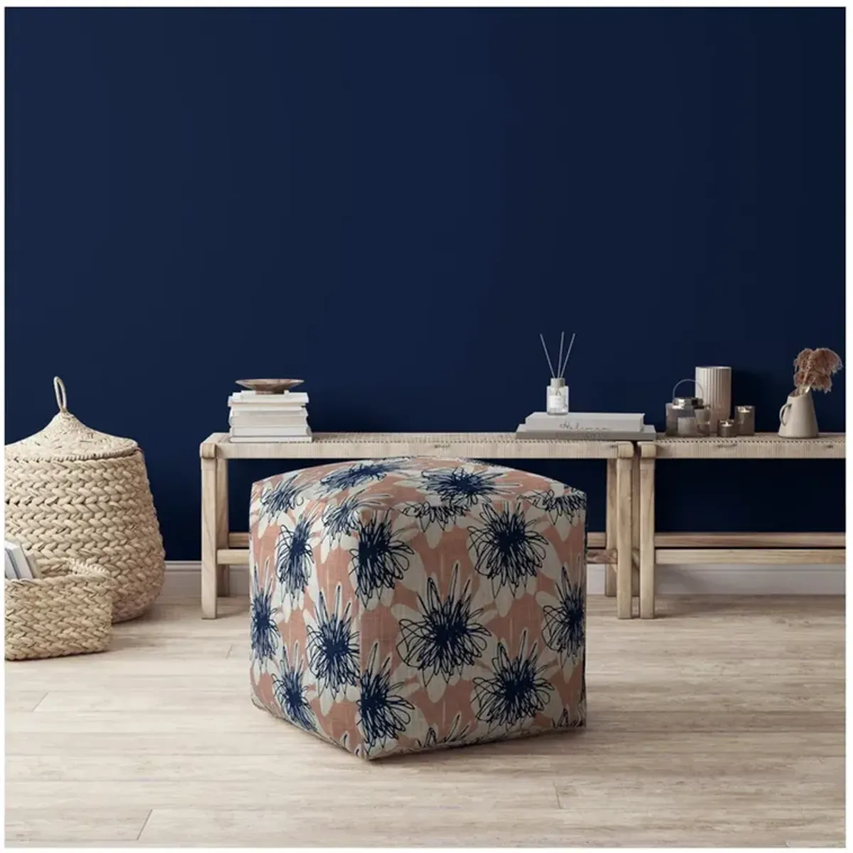 Hivvago 17" Pink And Blue Floral Pouf Ottoman