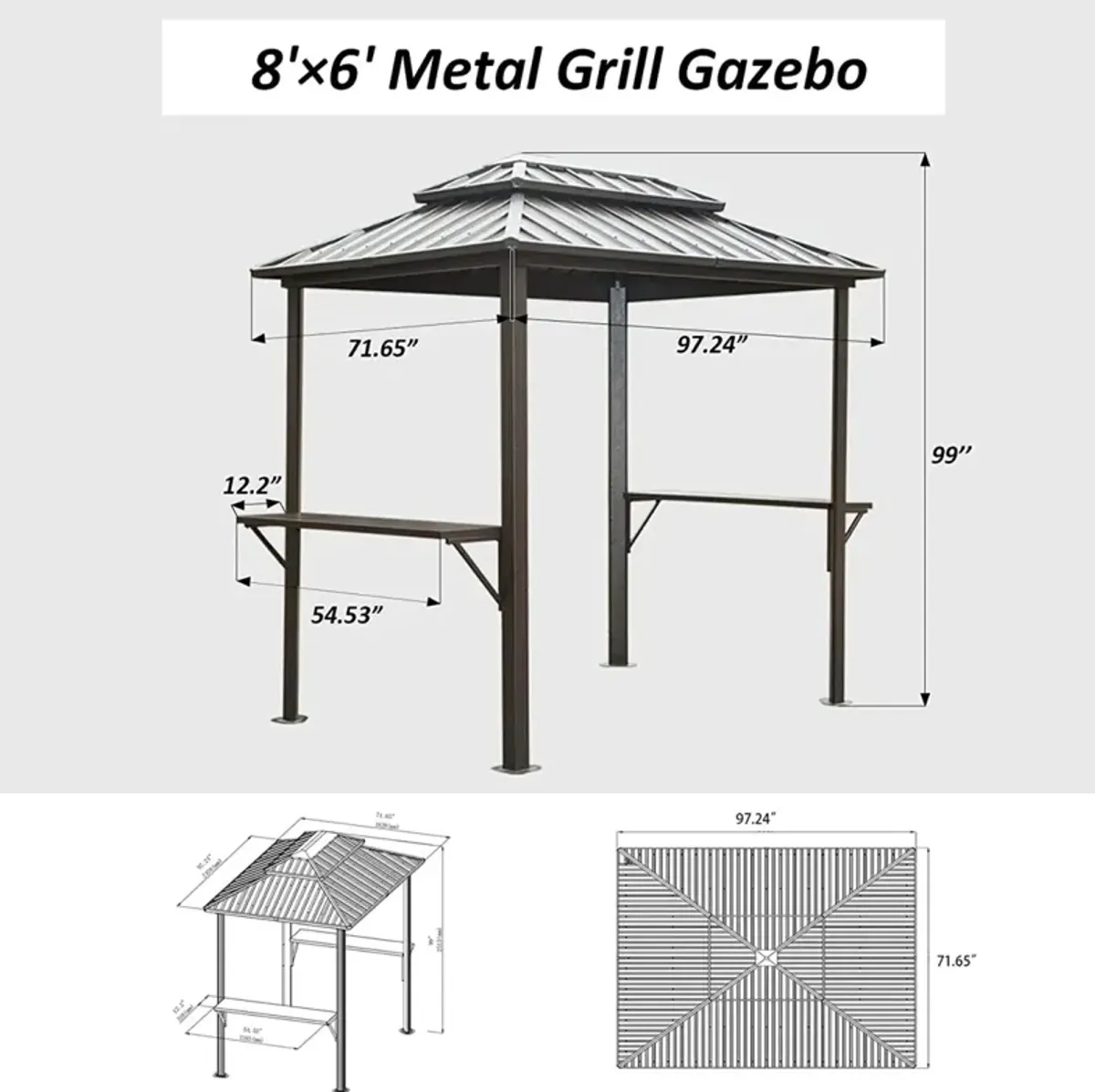 Aluminum BBQ Gazebo - Outdoor Metal Frame, Shelves, Double Roof (Brown)