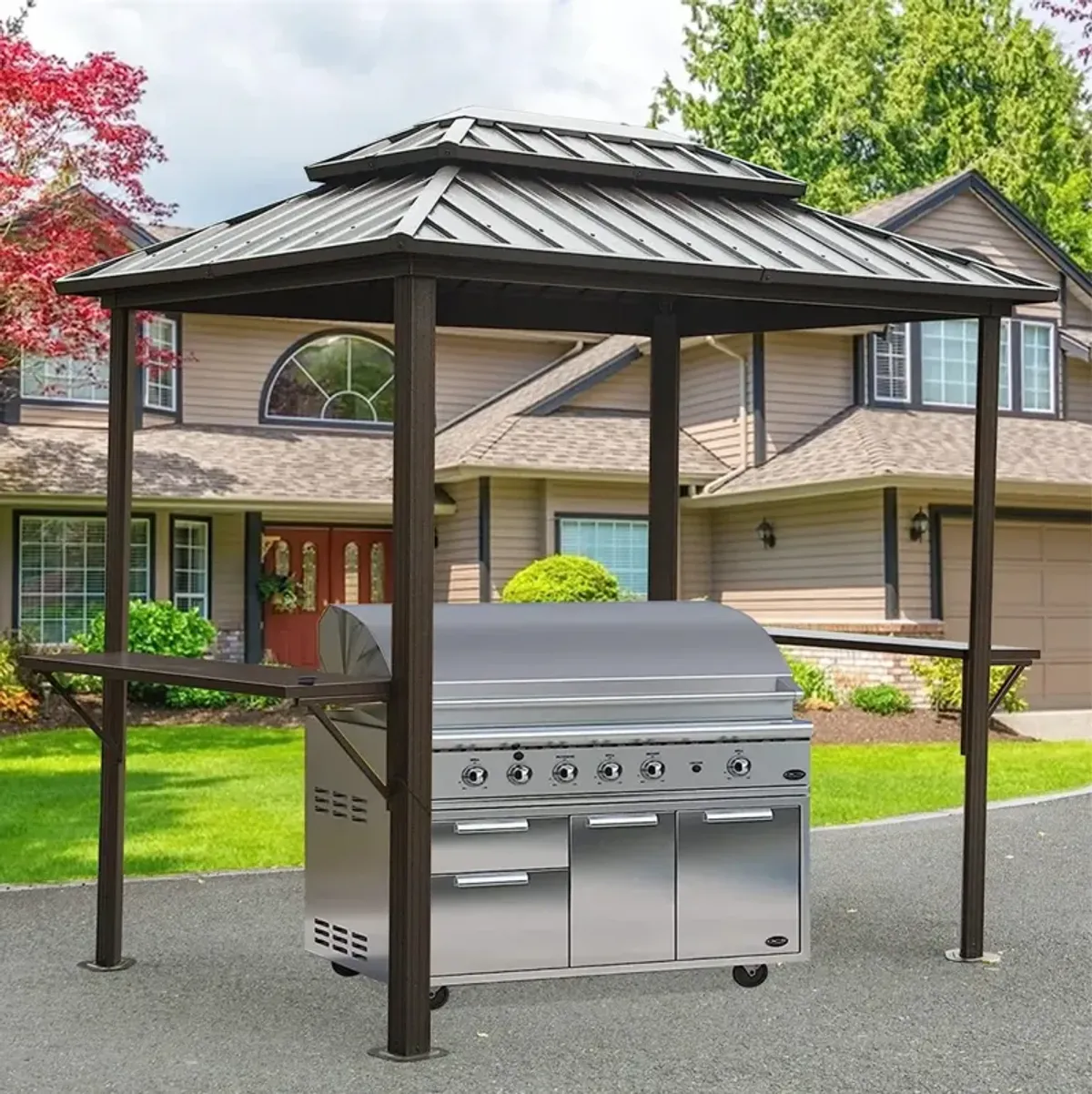 Aluminum BBQ Gazebo - Outdoor Metal Frame, Shelves, Double Roof (Brown)