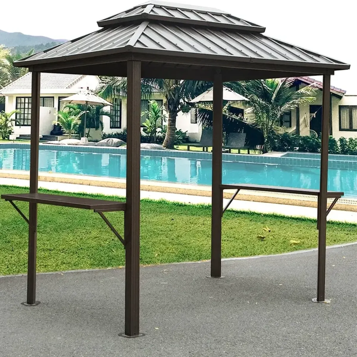 Aluminum BBQ Gazebo - Outdoor Metal Frame, Shelves, Double Roof (Brown)