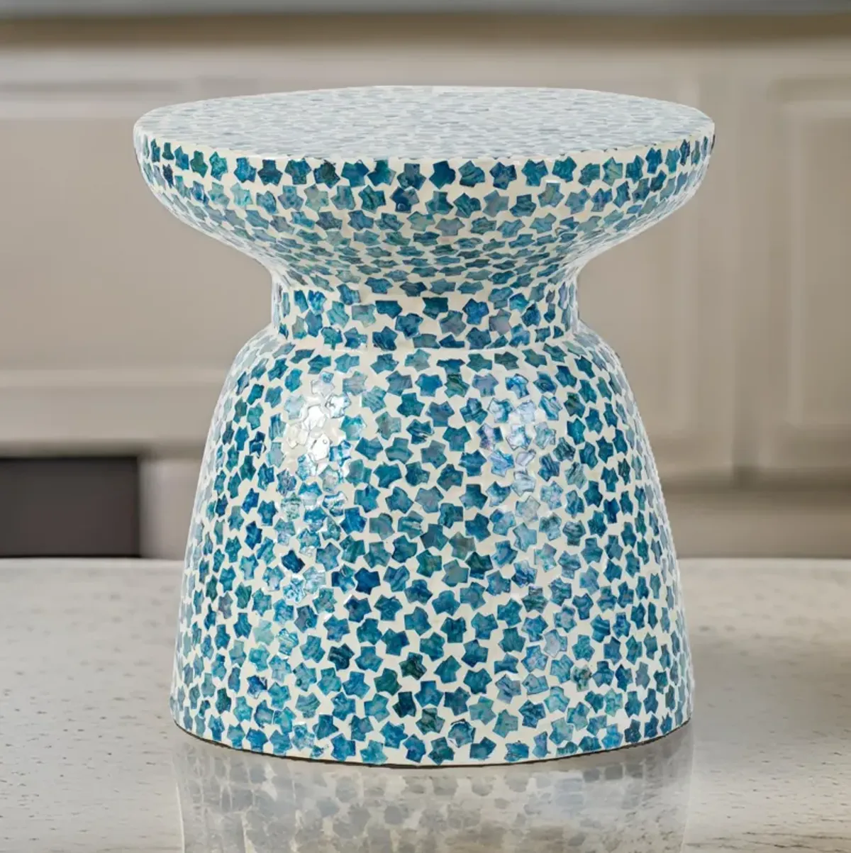 Ivy 16 Inch Round End Side Table, Bamboo Platform, Mosaic, Blue, White - Benzara