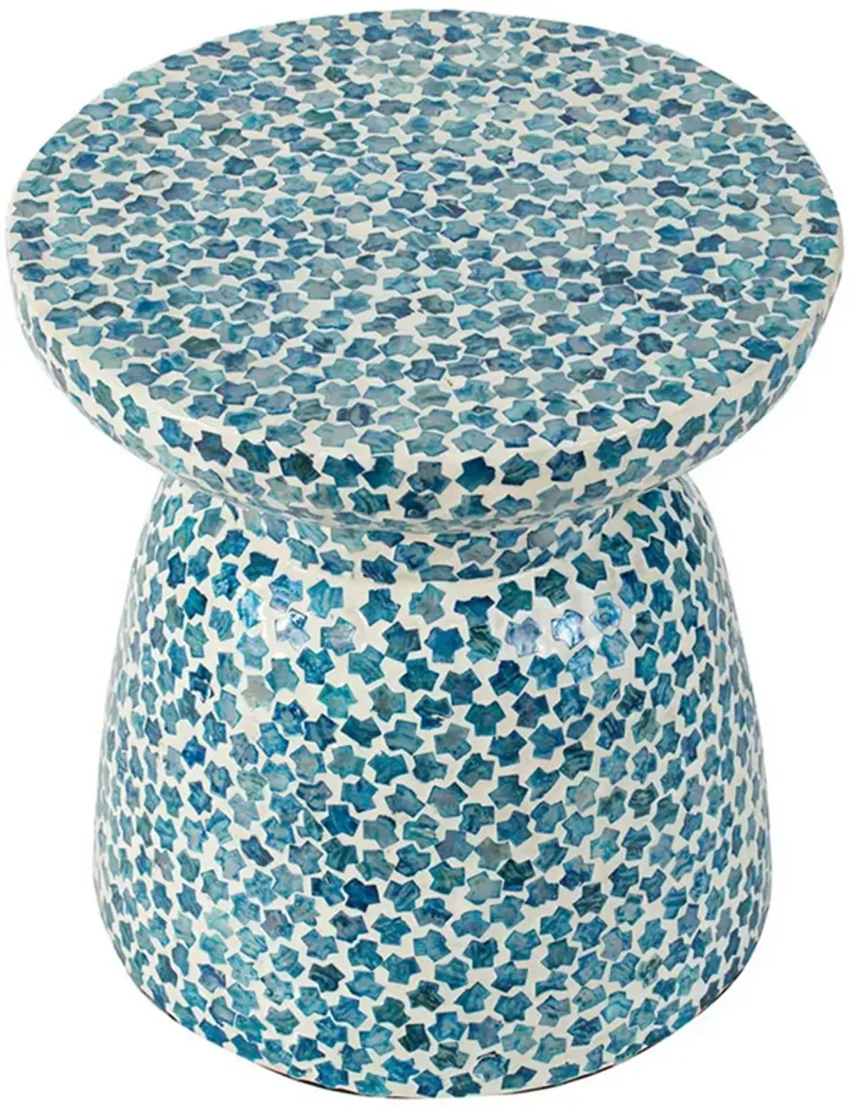 Ivy 16 Inch Round End Side Table, Bamboo Platform, Mosaic, Blue, White - Benzara