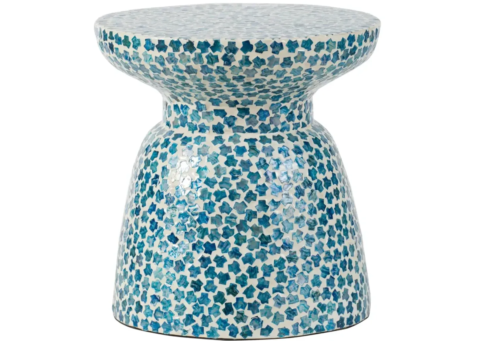 Ivy 16 Inch Round End Side Table, Bamboo Platform, Mosaic, Blue, White - Benzara