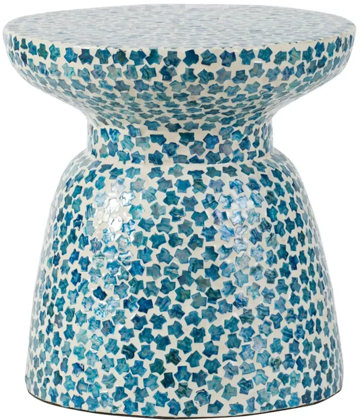 Ivy 16 Inch Round End Side Table, Bamboo Platform, Mosaic, Blue, White - Benzara